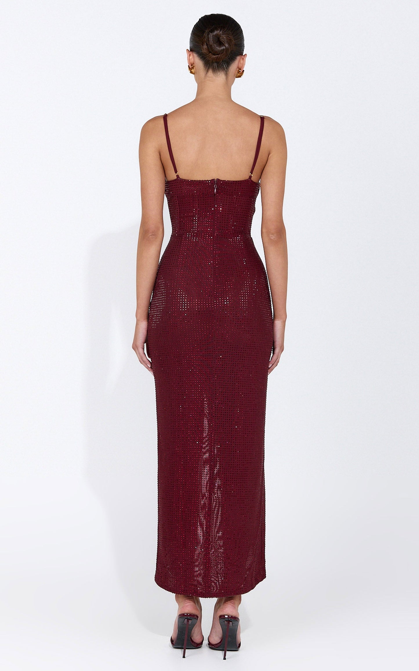 Emmeline Midi Dress - Hotfix Diamante Corset Bodice Dress in Wine