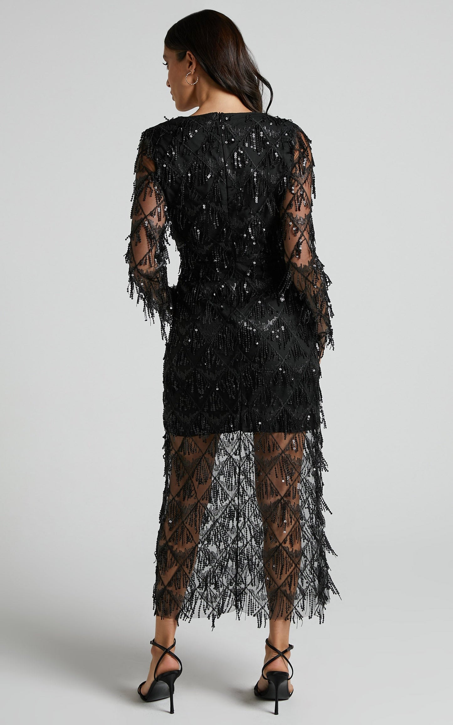 Emmett Midi Dress - Long Sleeve Sequin Diamond Mesh Dress in Black