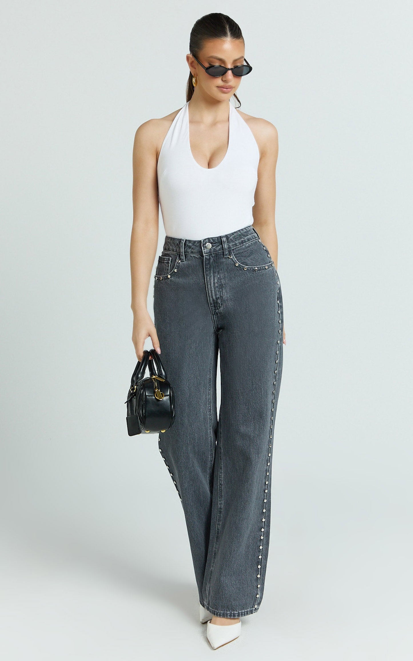 Emmie Jeans - Mid Rise Straight Leg Stud Detail Denim Jeans in Dark Grey