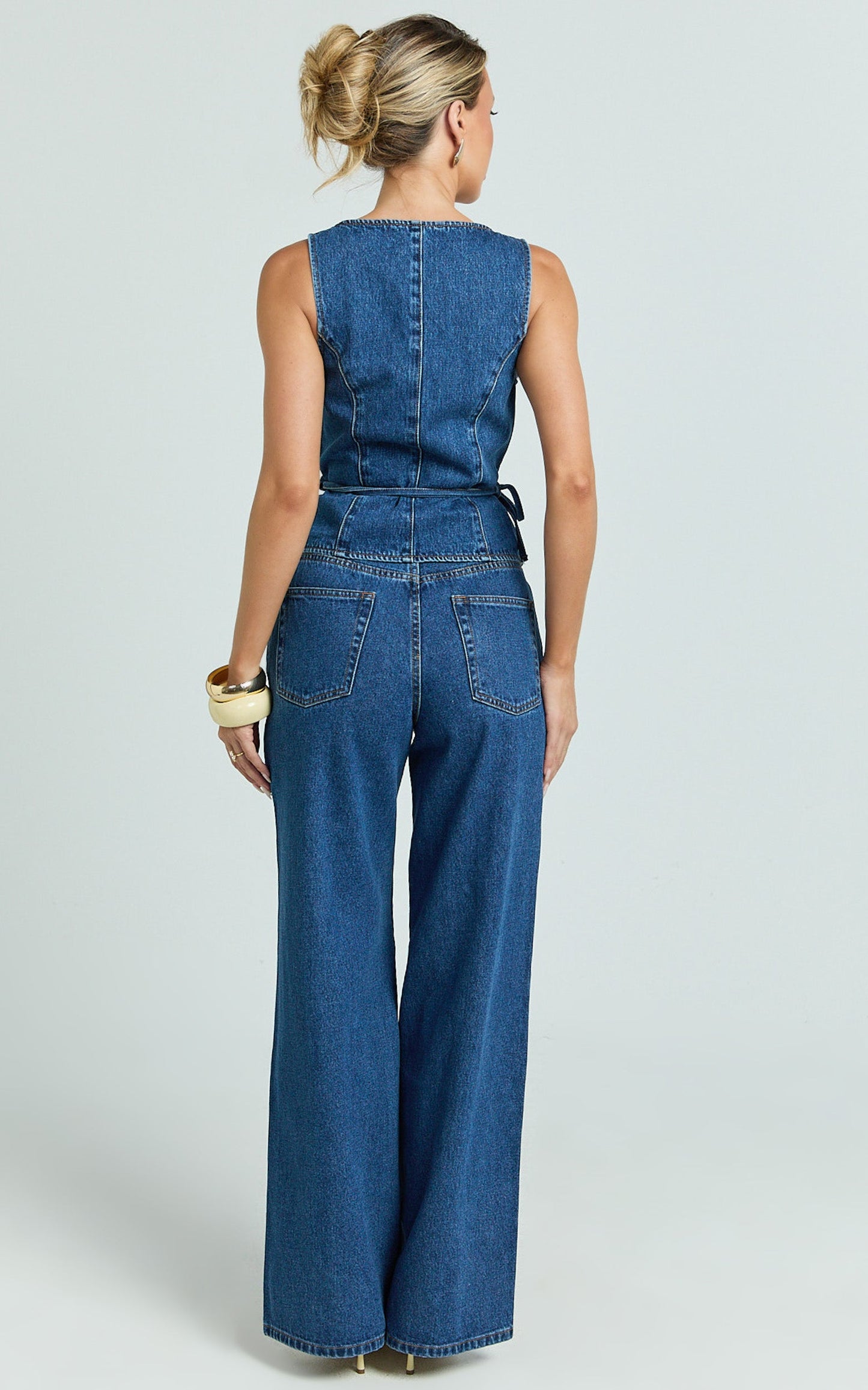 Enya Jeans - High Waist Wide Leg Pleated Denim Jeans in Dark Mid Blue