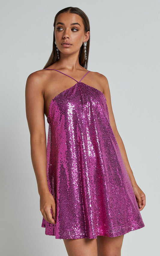 Eritha Mini Dress - Diamond Neck Slip Dress in Hot Pink