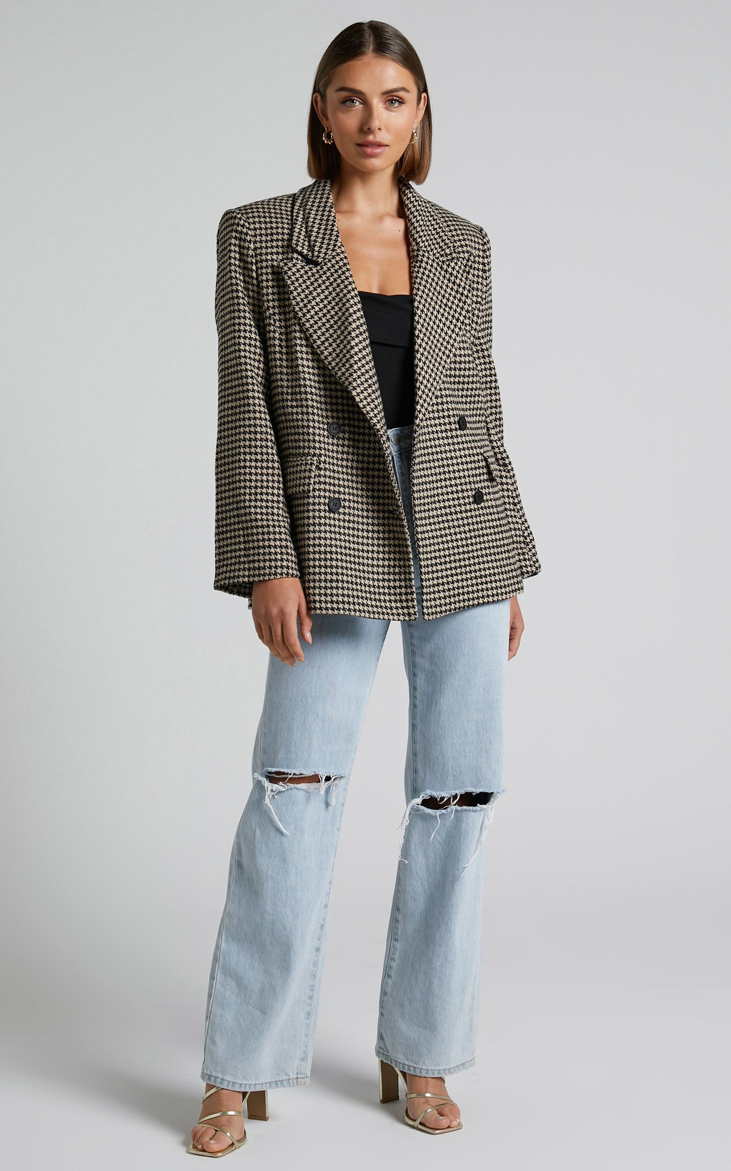 Erlinda Blazer - Shoulder Pad Houndstooth Blazer in Multi