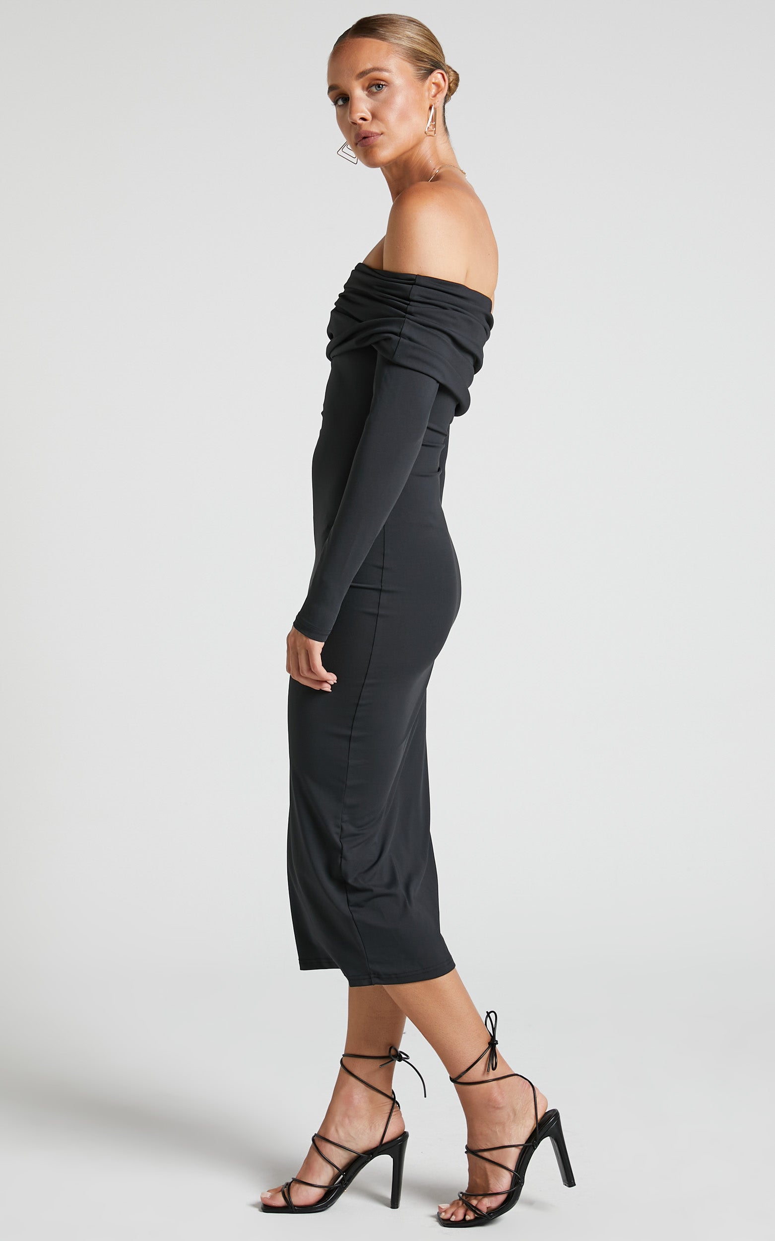 Ermalen Midi Dress - Folded Off Shoulder Long Sleeve Dress in Black