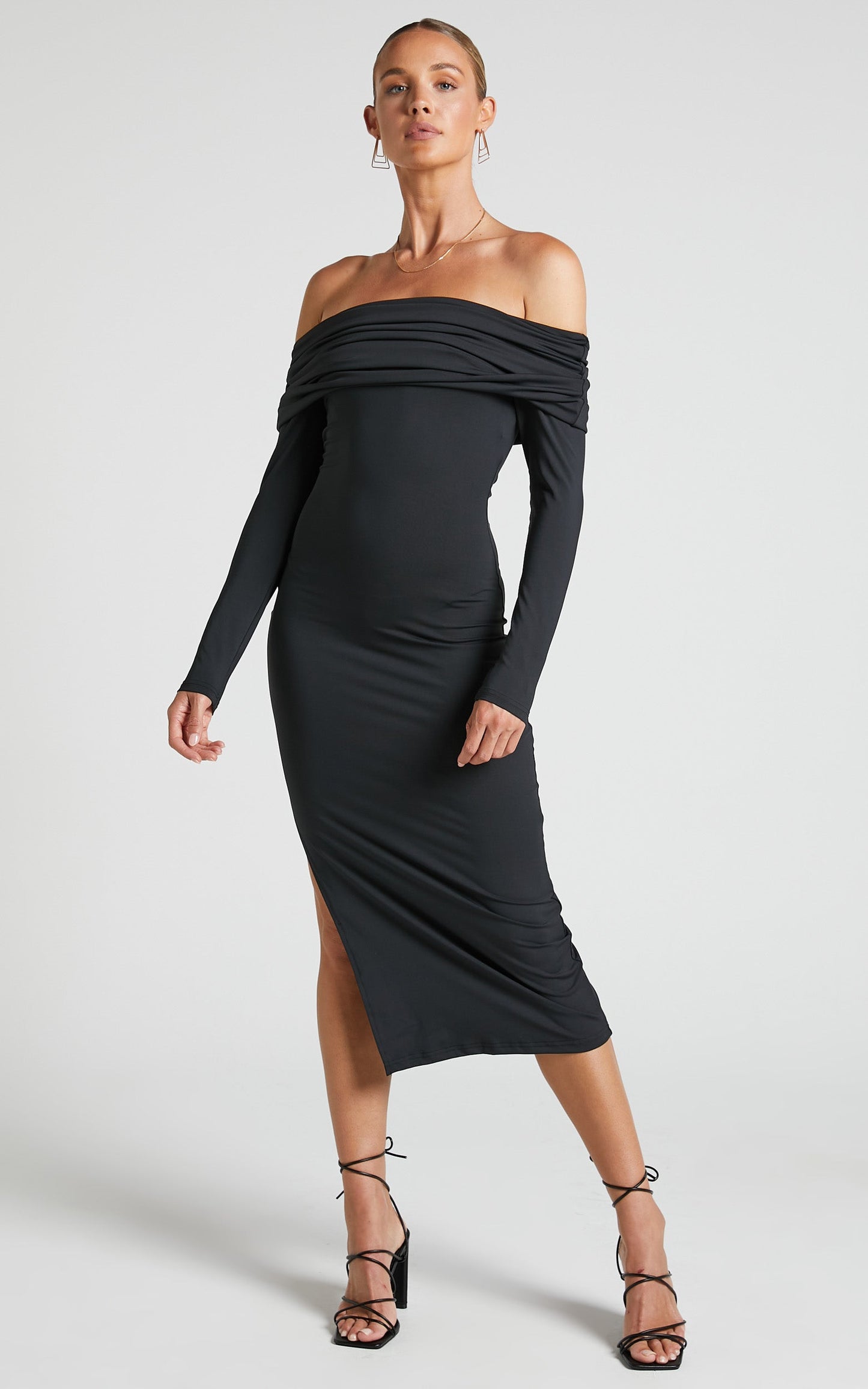 Ermalen Midi Dress - Folded Off Shoulder Long Sleeve Dress in Black