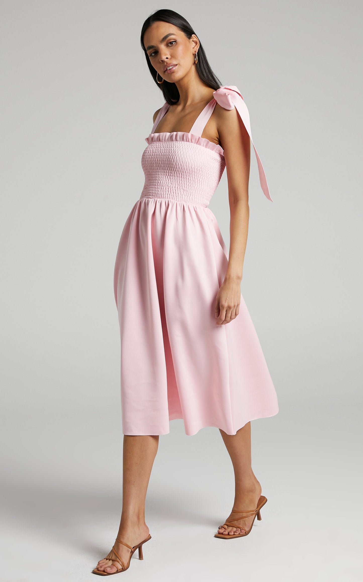 Erzsebet Shirred Bodice Tie Strap Midi Dress in Pale Pink