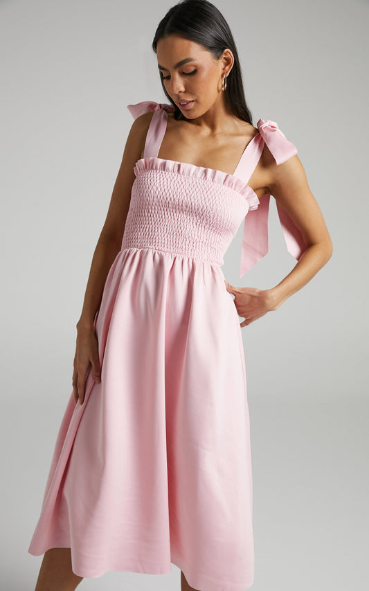 Erzsebet Shirred Bodice Tie Strap Midi Dress in Pale Pink