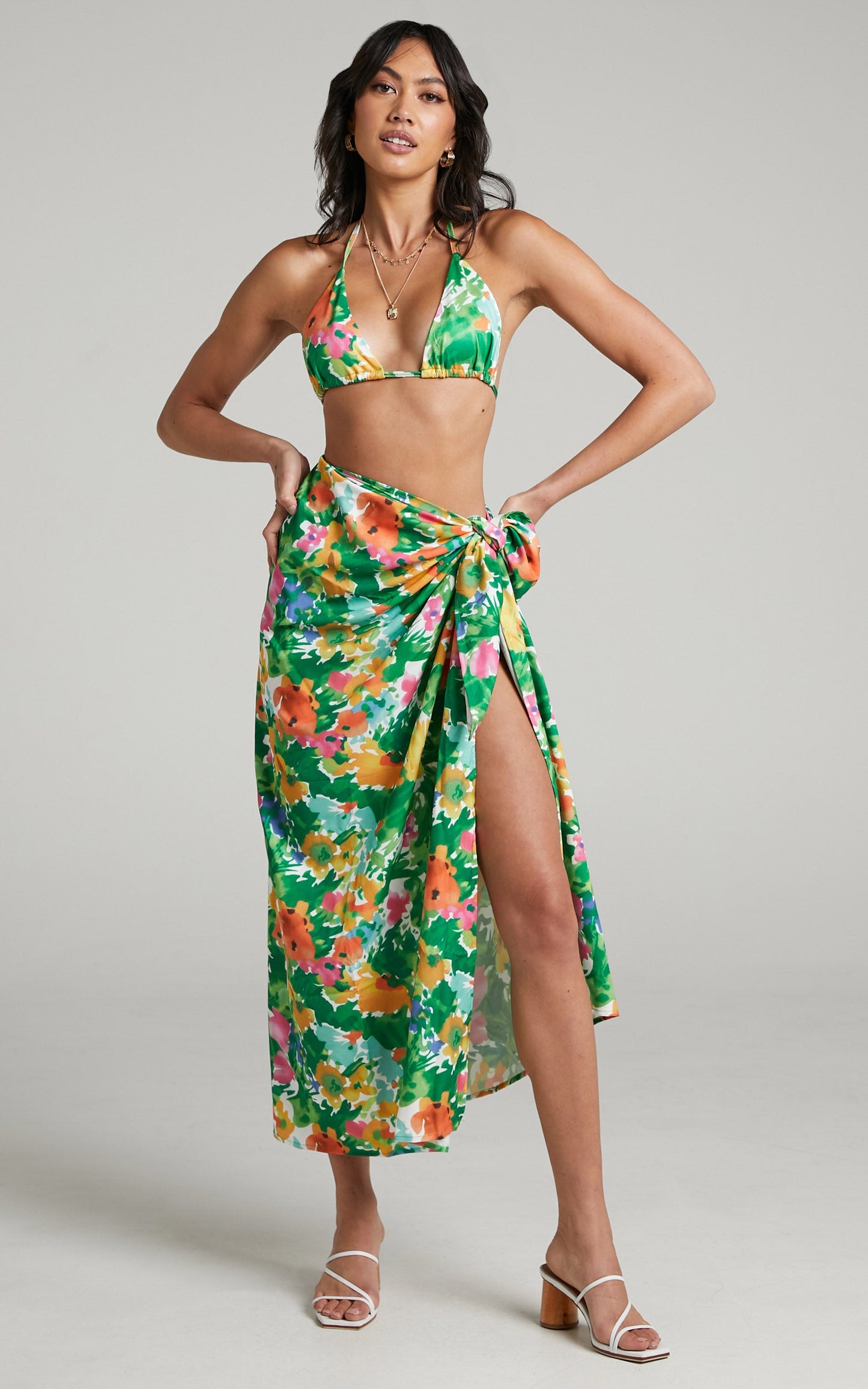 Esclera Triangle Top Midi Skirt Two Piece Set in Green Floral