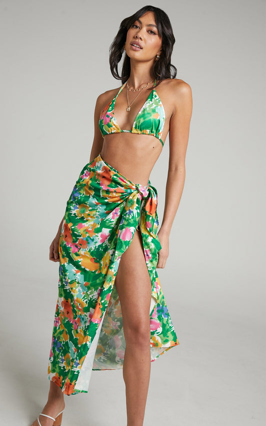 Esclera Triangle Top Midi Skirt Two Piece Set in Green Floral