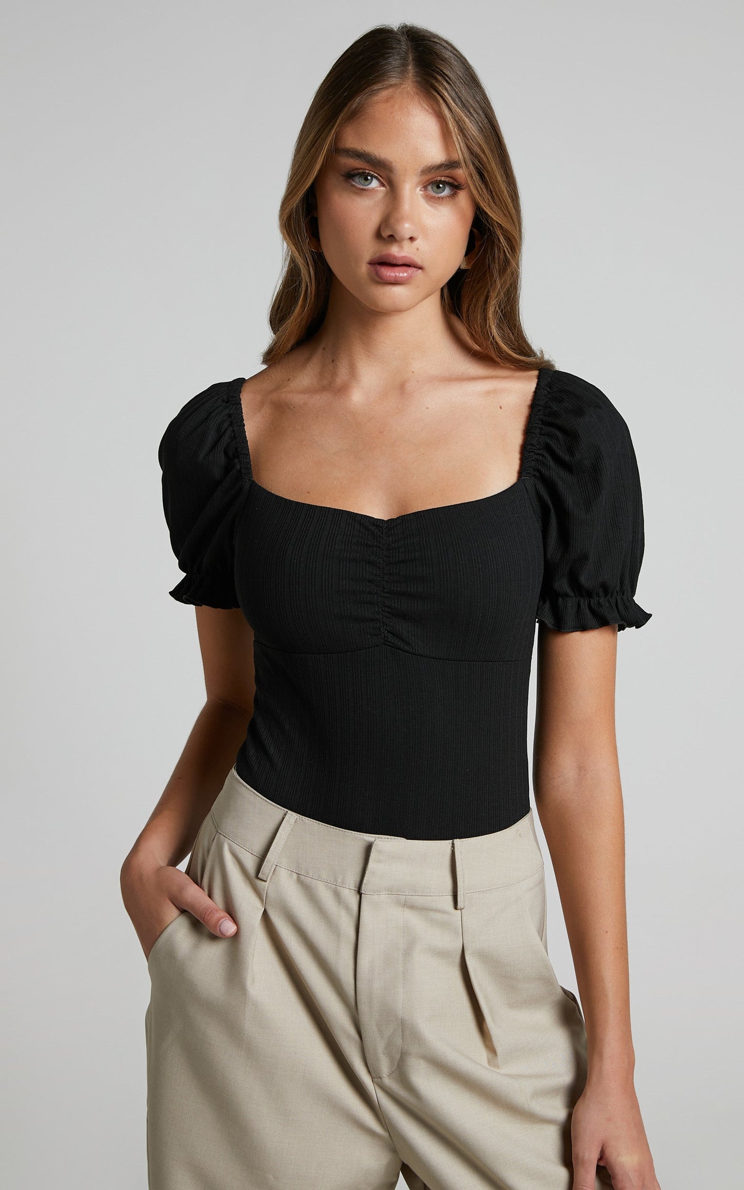 Esher Bodysuit - Puff Sleeve Bodysuit in Black