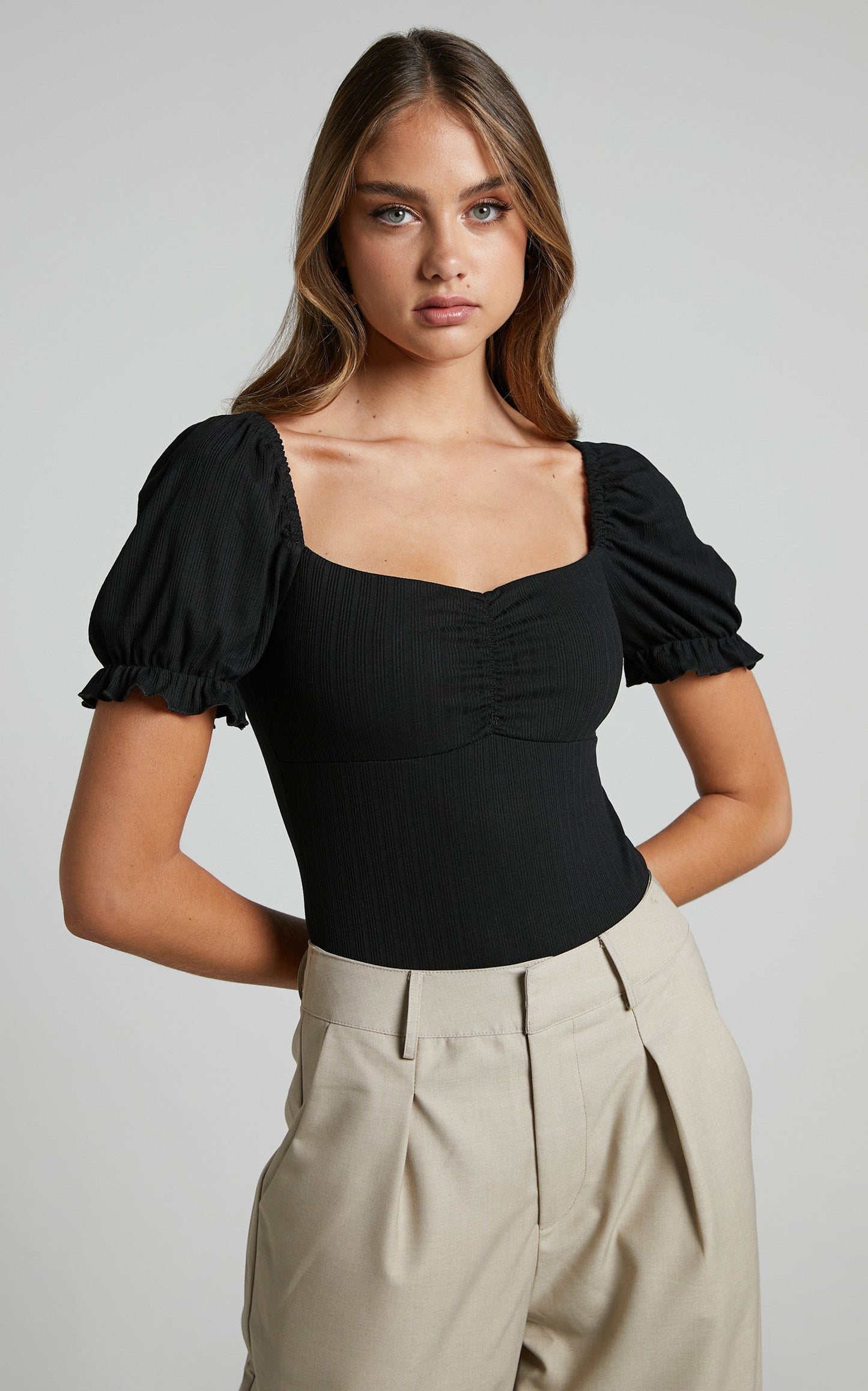 Esher Bodysuit - Puff Sleeve Bodysuit in Black