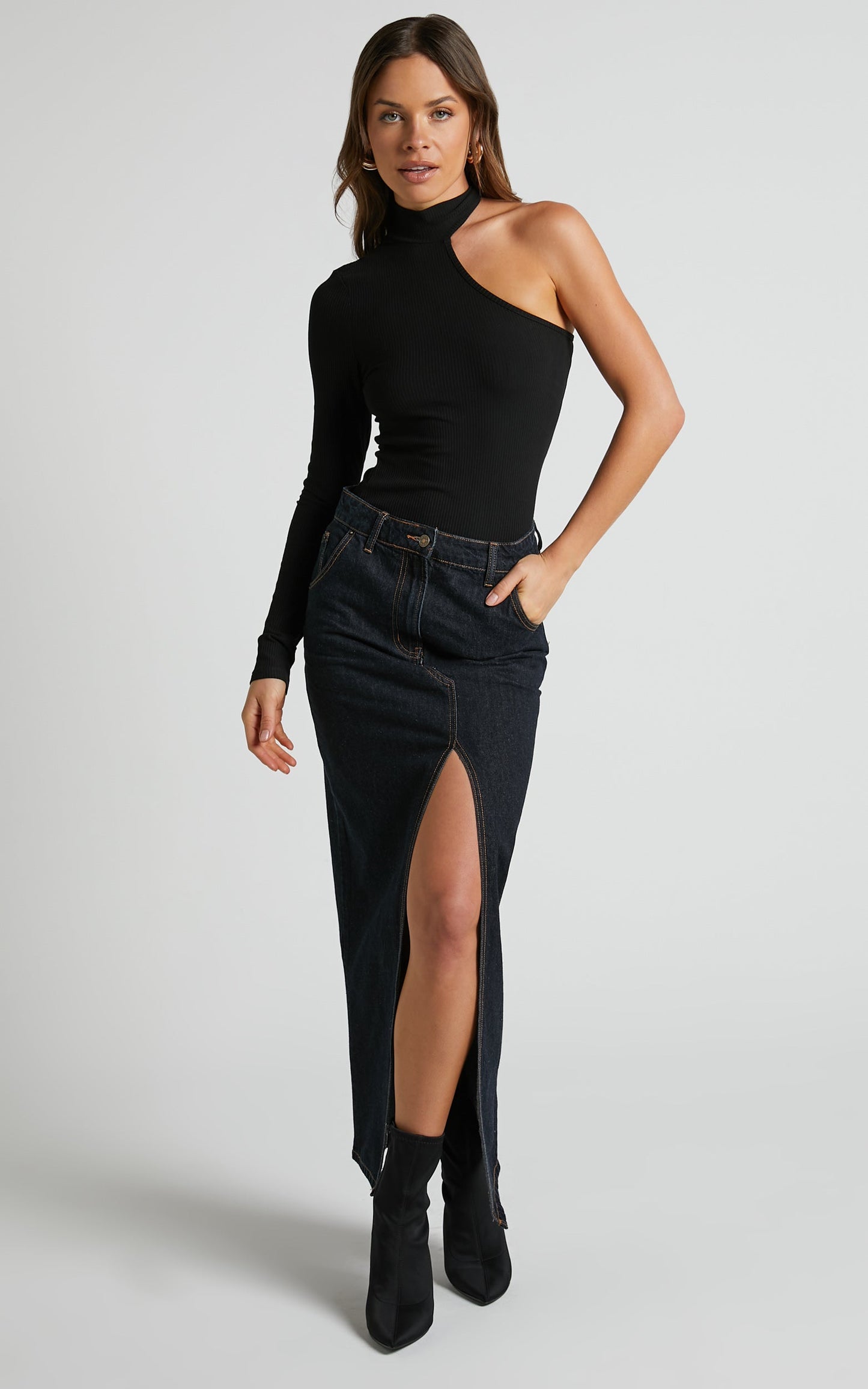 Esme Top - Asymmetrical High Neck Long Sleeve Top in Black