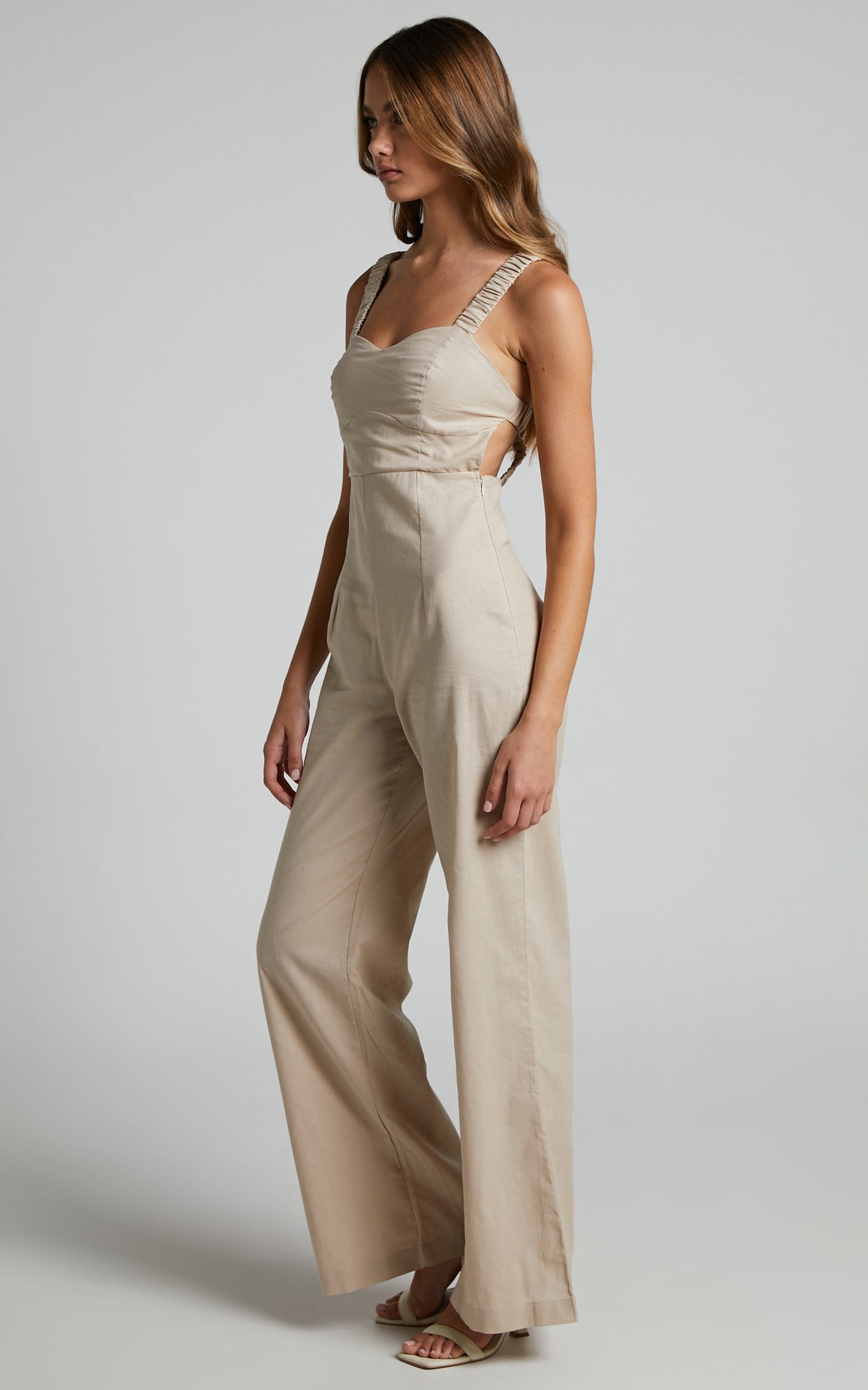 Estella Jumpsuit - Linen Look Elasticated Open Back Flare Jumpsuit in Sand