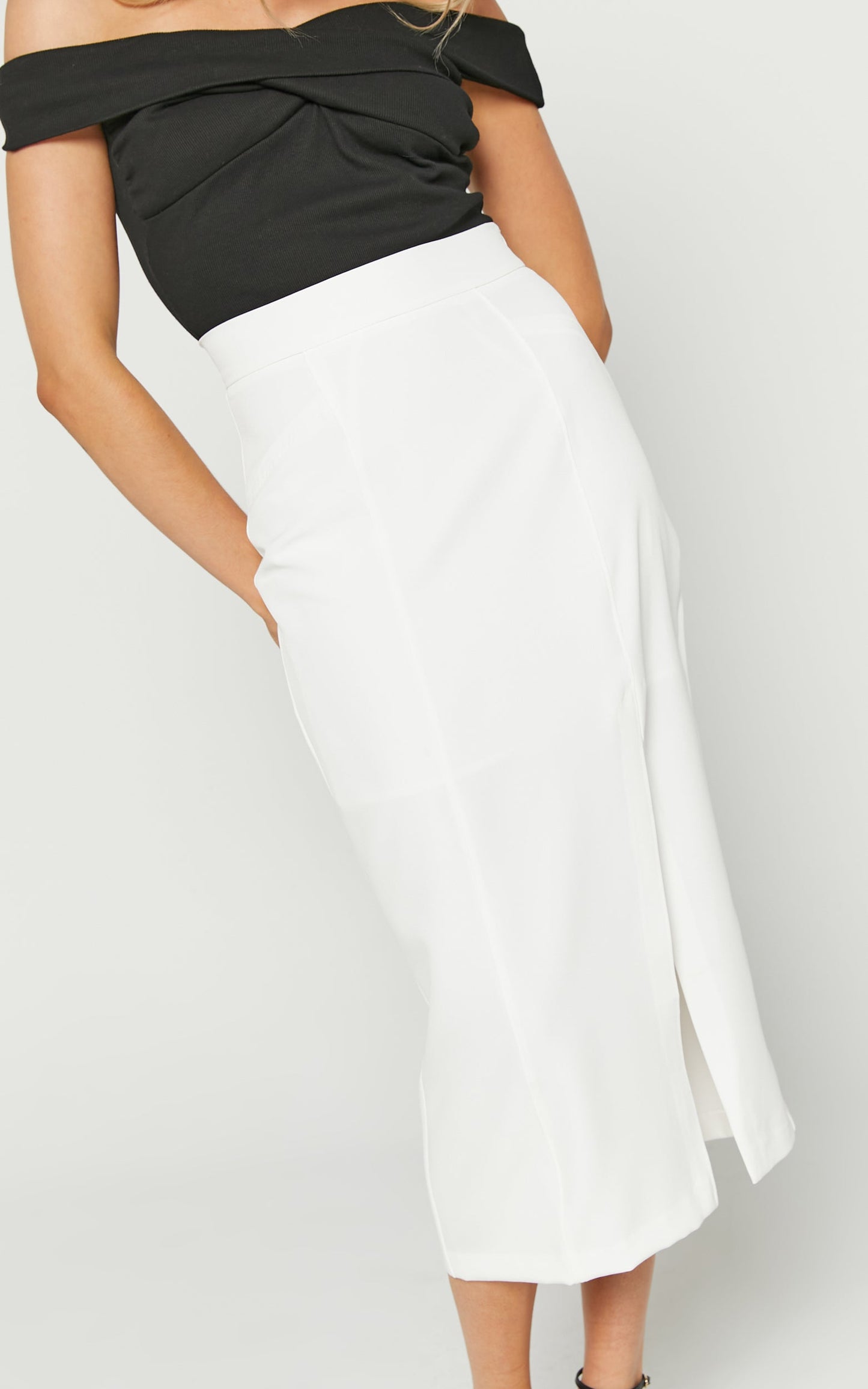 Etha Midi Skirt - High Waisted Split Pencil Skirt in White