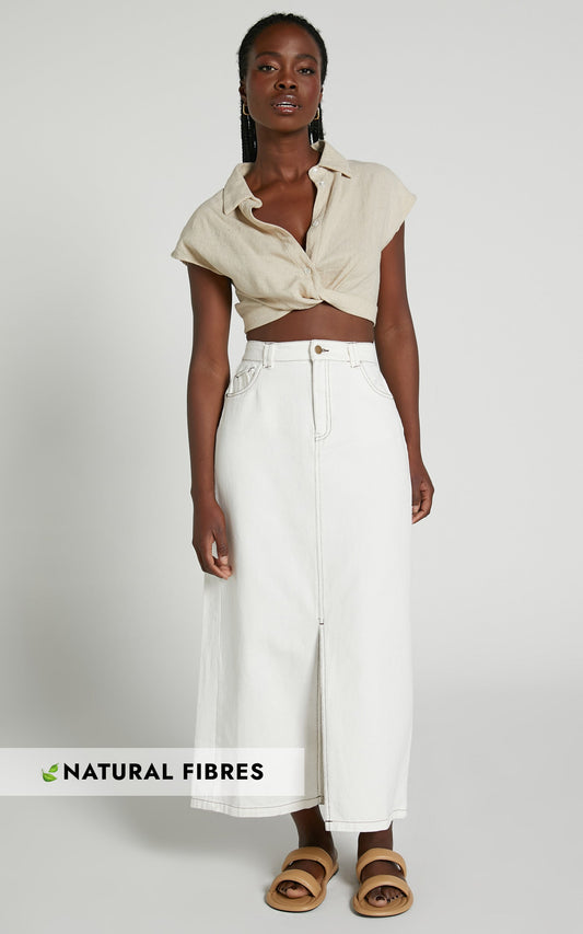 Ethan Midi Skirt - Front Split Denim Skirt in White