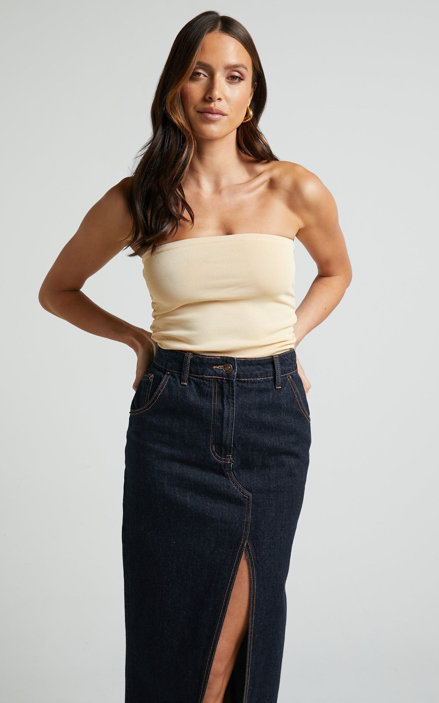 Ethan Top - Strapless Knit Top in Sand