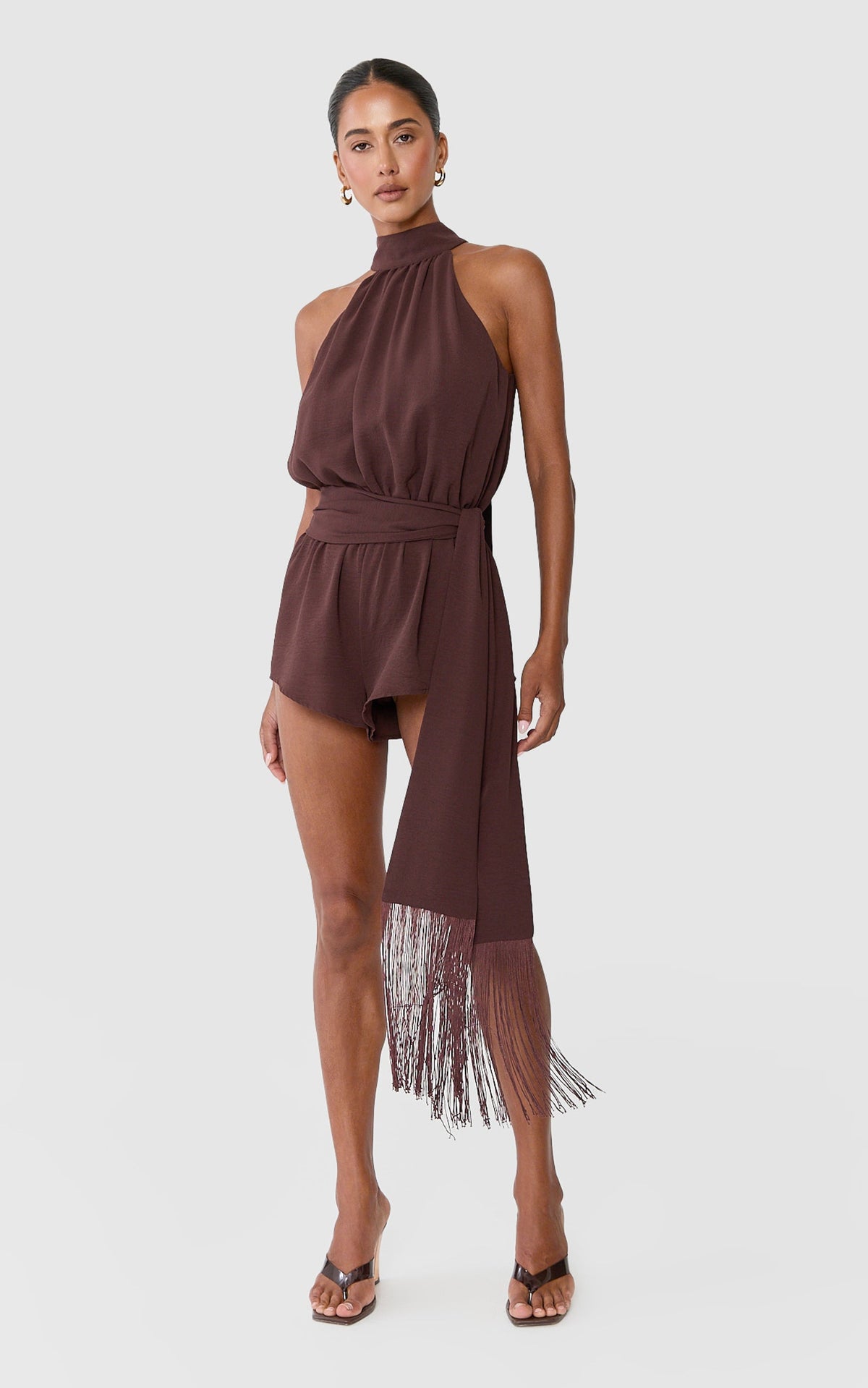 Etta Playsuit - High Halter Neck Tie Playsuit With Fringe Trim Belt in Chocolate