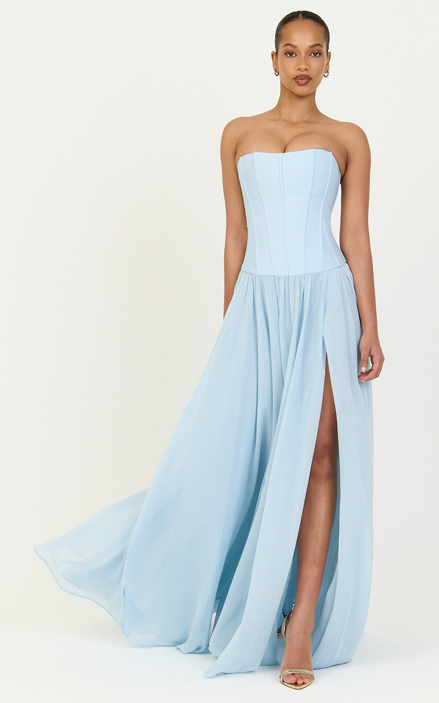 Eugene Maxi Dress - Contrast Strapless Fit And Flare High Split Dress in Blue