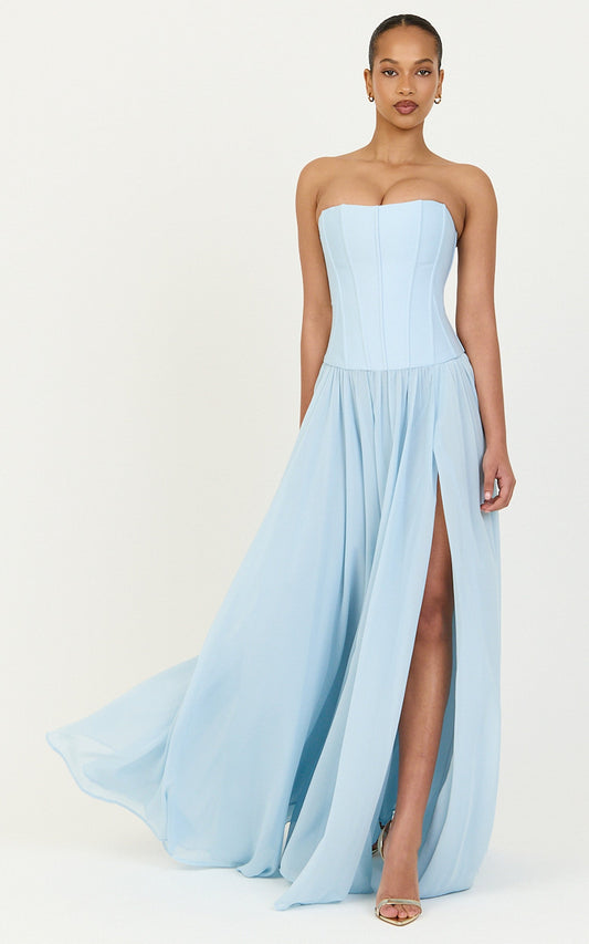 Eugene Maxi Dress - Contrast Strapless Fit And Flare High Split Dress in Blue