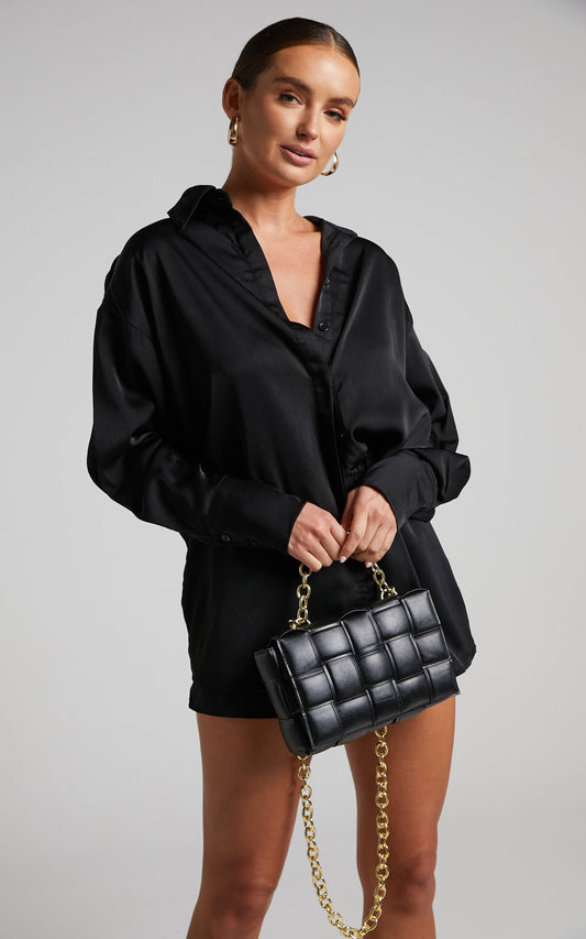 Evedna Gold Chain Weave Bag in Black