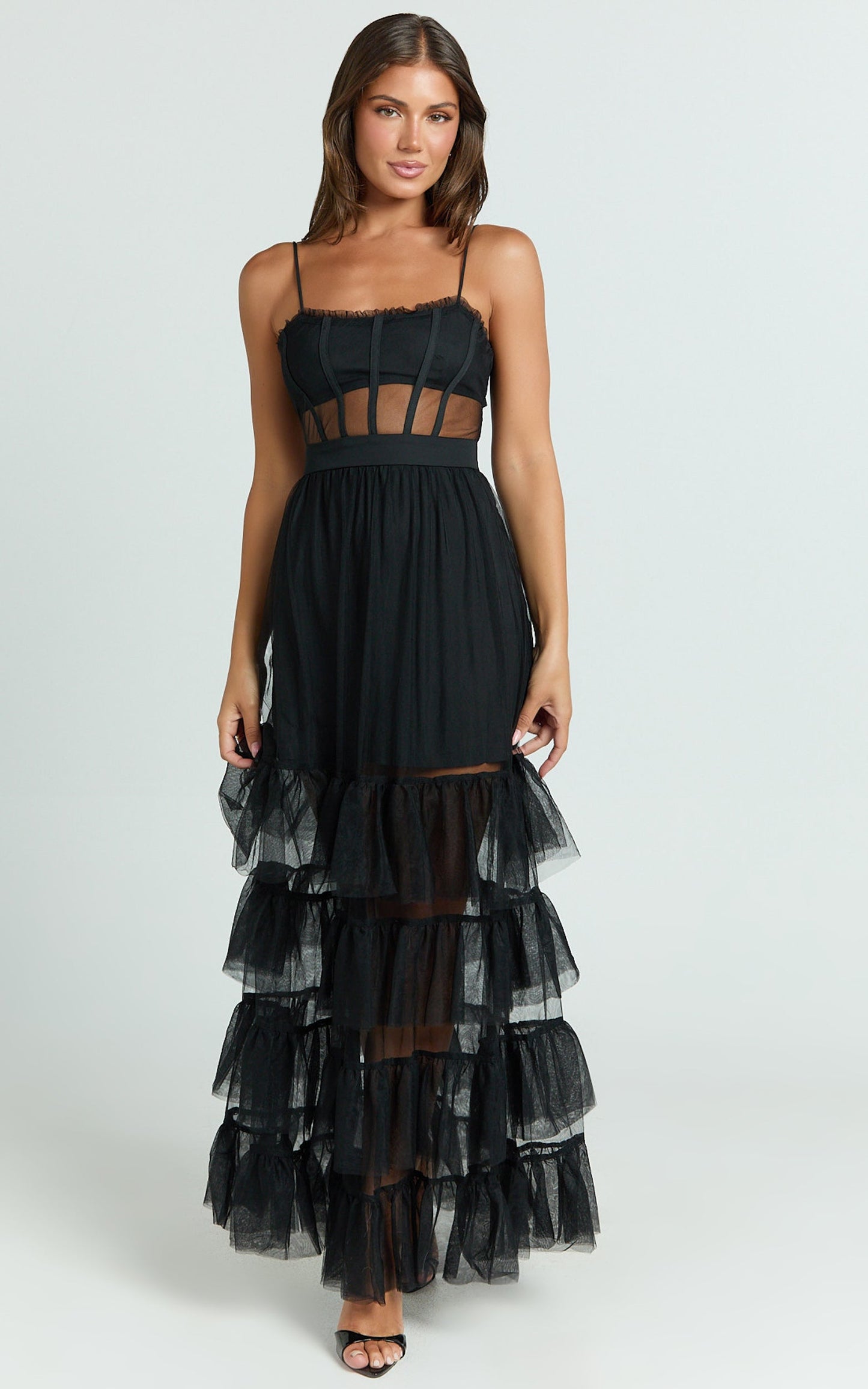 Evelynn Midi Dress - Sweetheart Corset Bodice Fit & Flare Tiered in Black