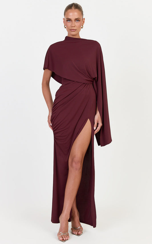 Everly Maxi Dress - Asymmetrical Draped Dress in Plum