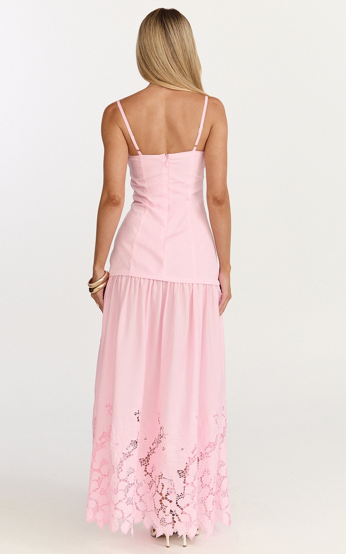 Everly Maxi Dress - Straight Neck Broderie Cut Out Hem Dress in Pink