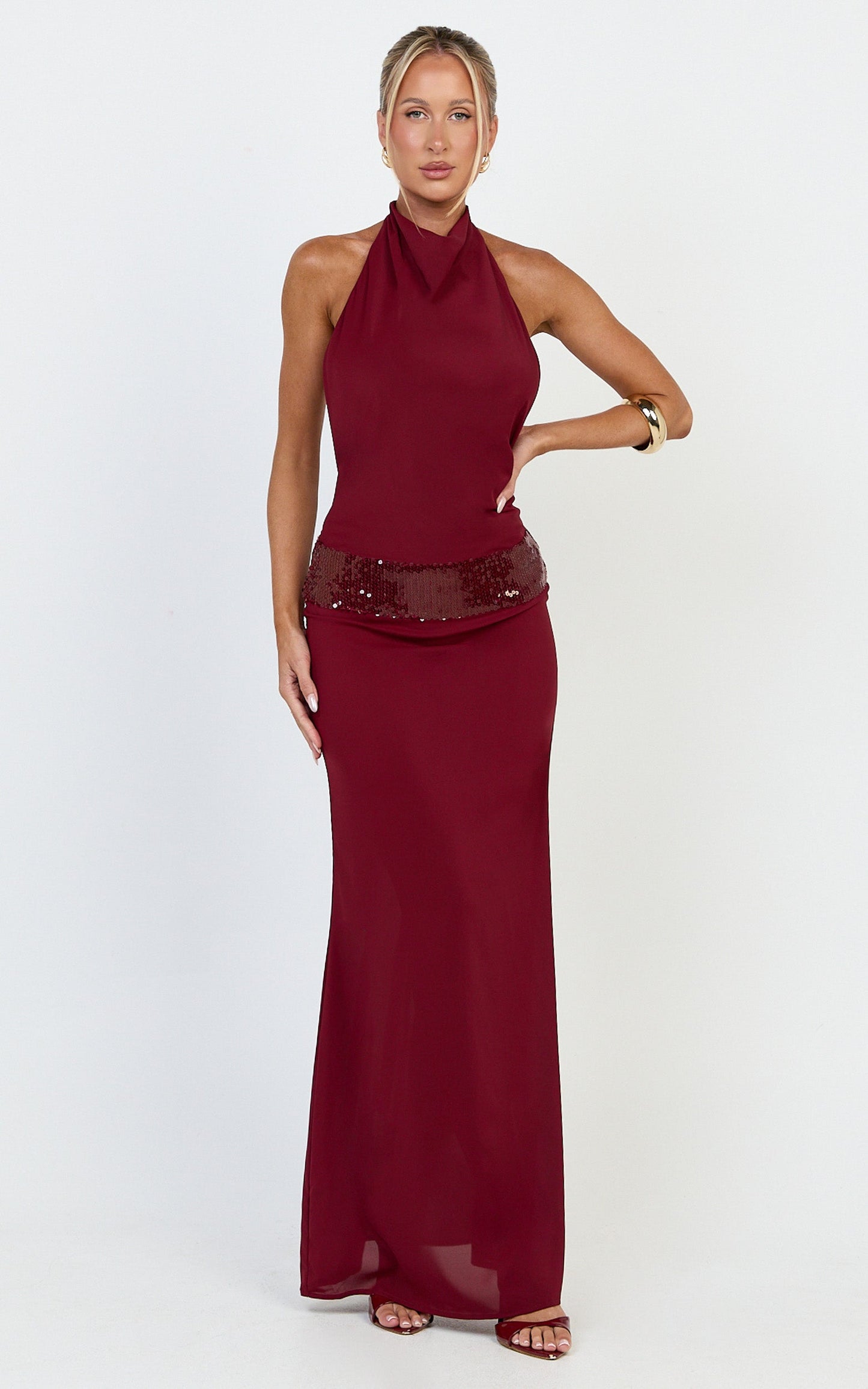 Evianne Maxi Dress - Backless Sequin Drop Waist Halter Dress in Wine
