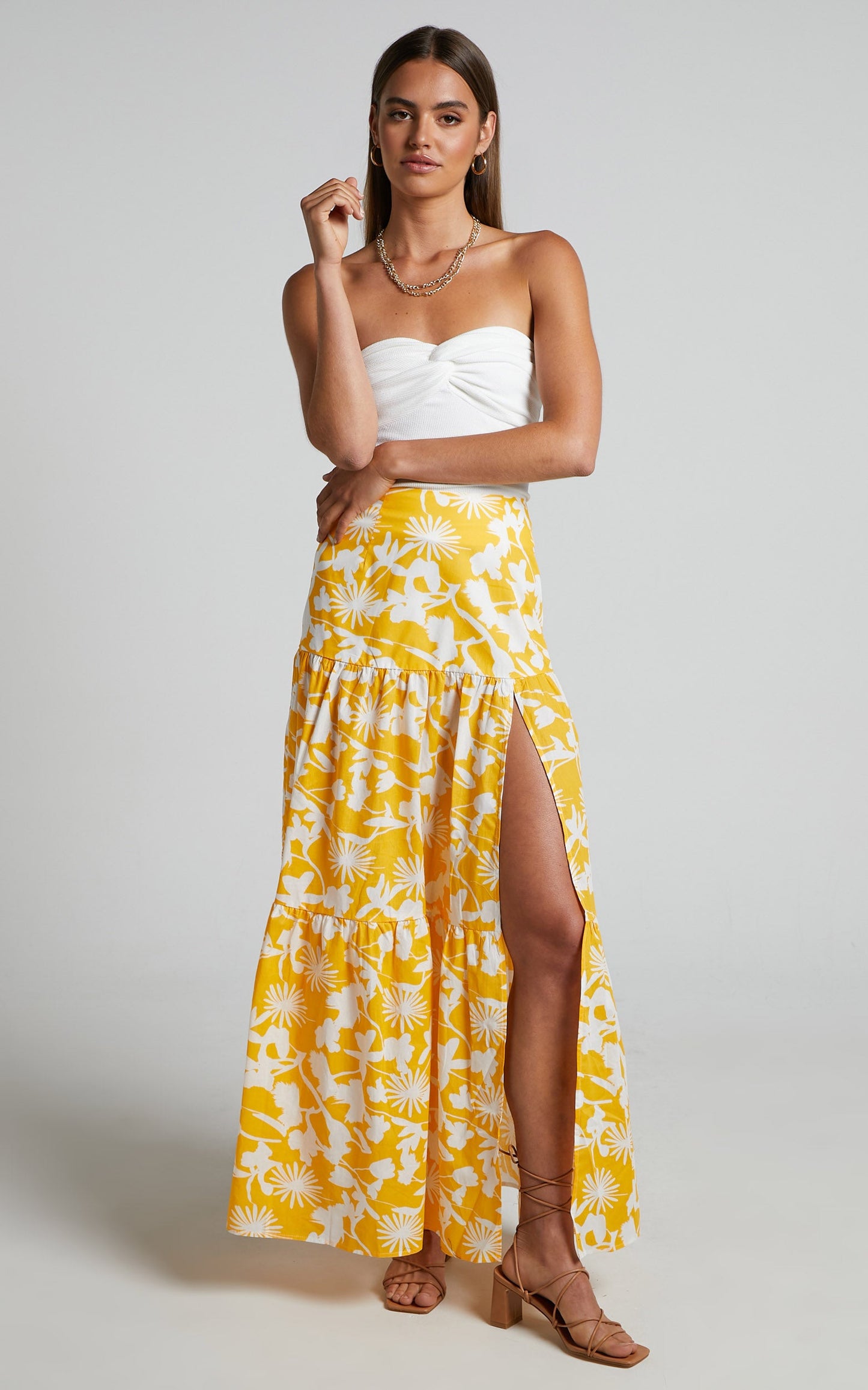 Evita Midi Skirt - Drop Waist Thigh Split Tiered Skirt in Yellow Floral