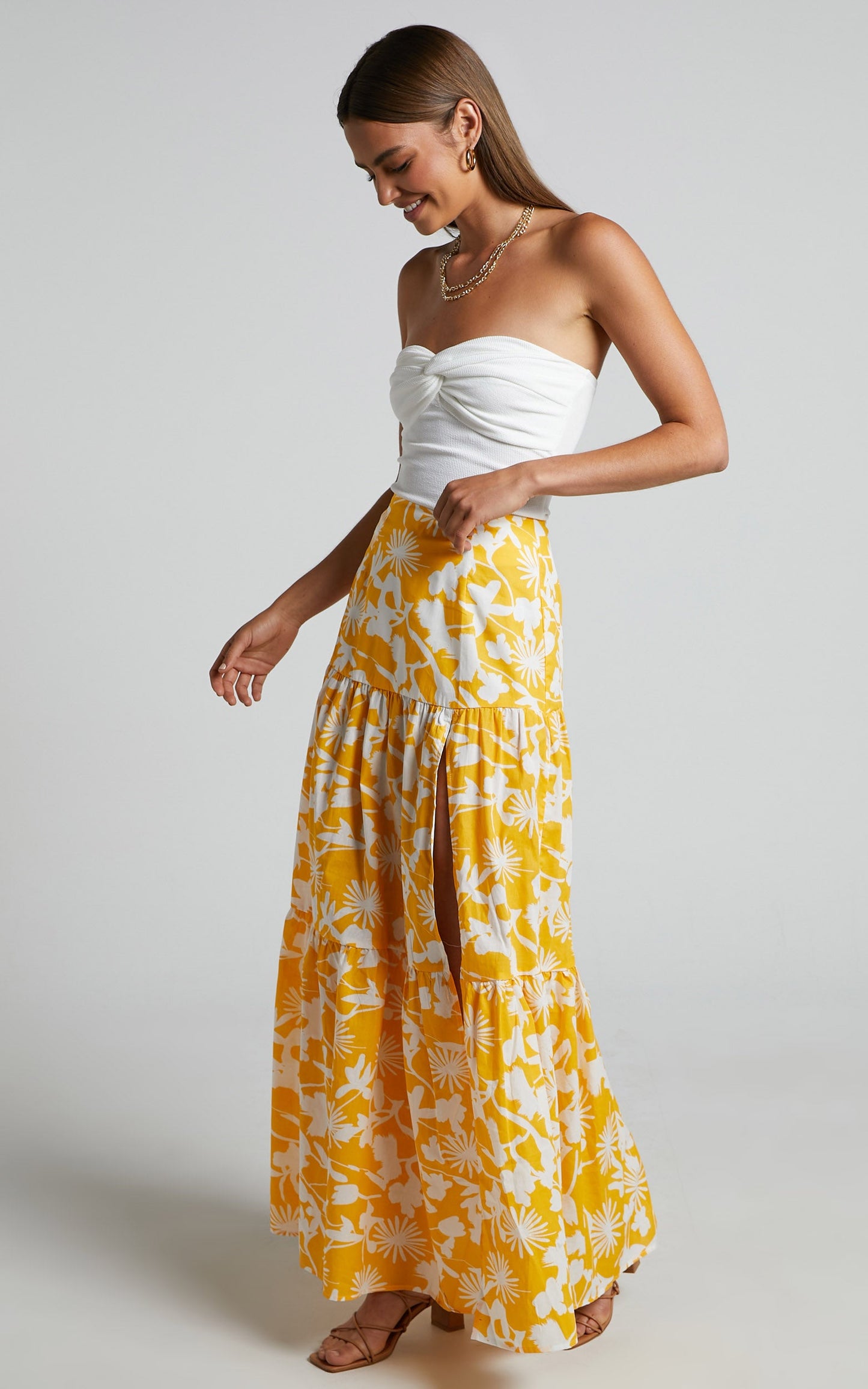 Evita Midi Skirt - Drop Waist Thigh Split Tiered Skirt in Yellow Floral