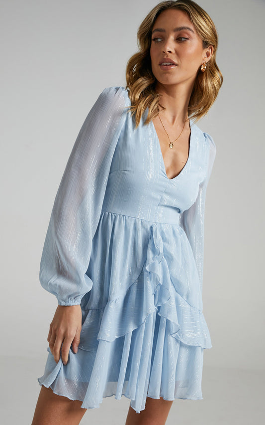 Eyes That Know Me Mini Dress - Long Sleeve Ruffle Dress in Powder Blue