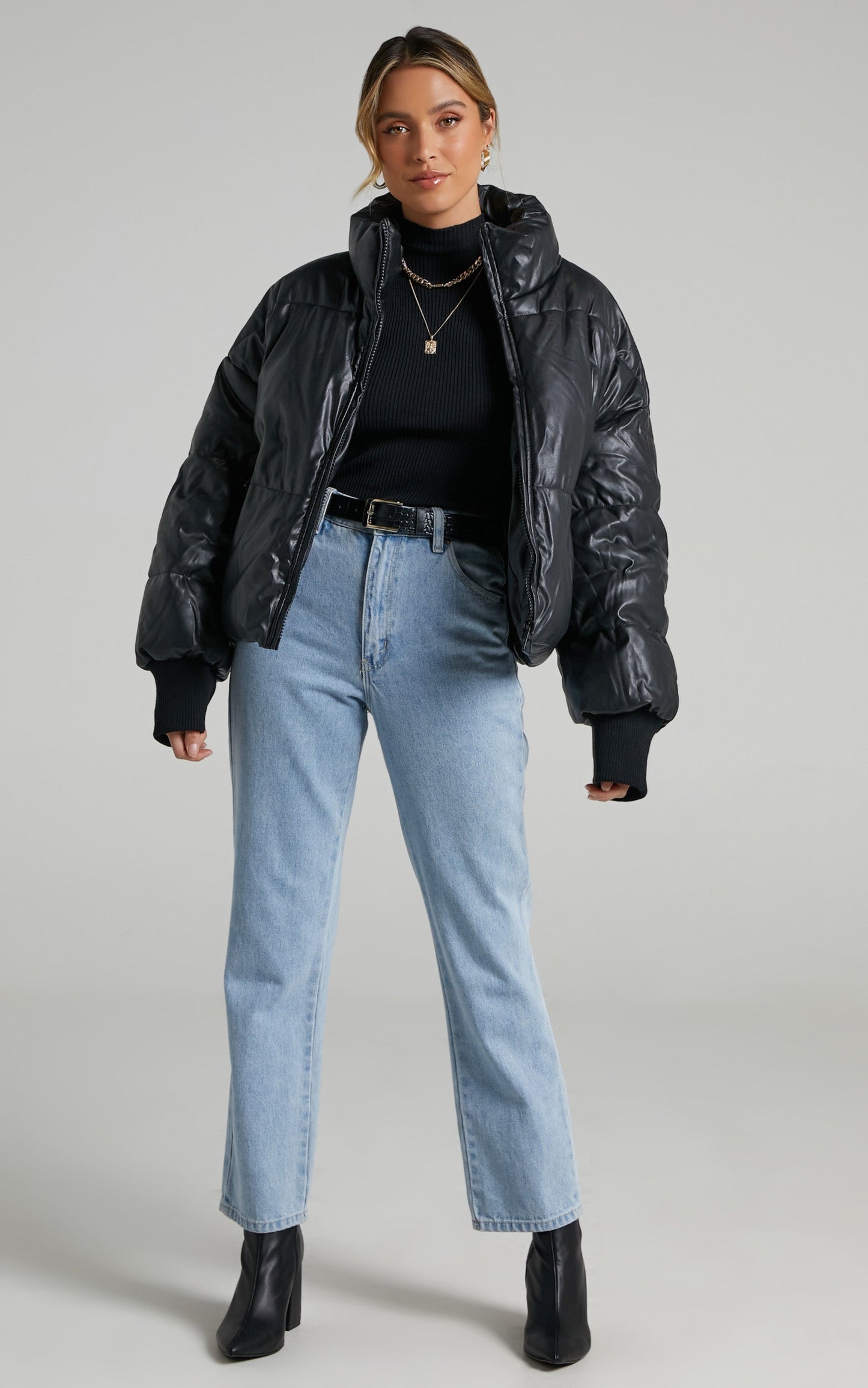 Fergo Puffer Jacket in Black Leatherette