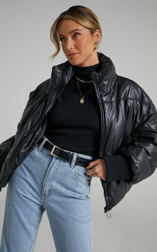 Fergo Puffer Jacket in Black Leatherette