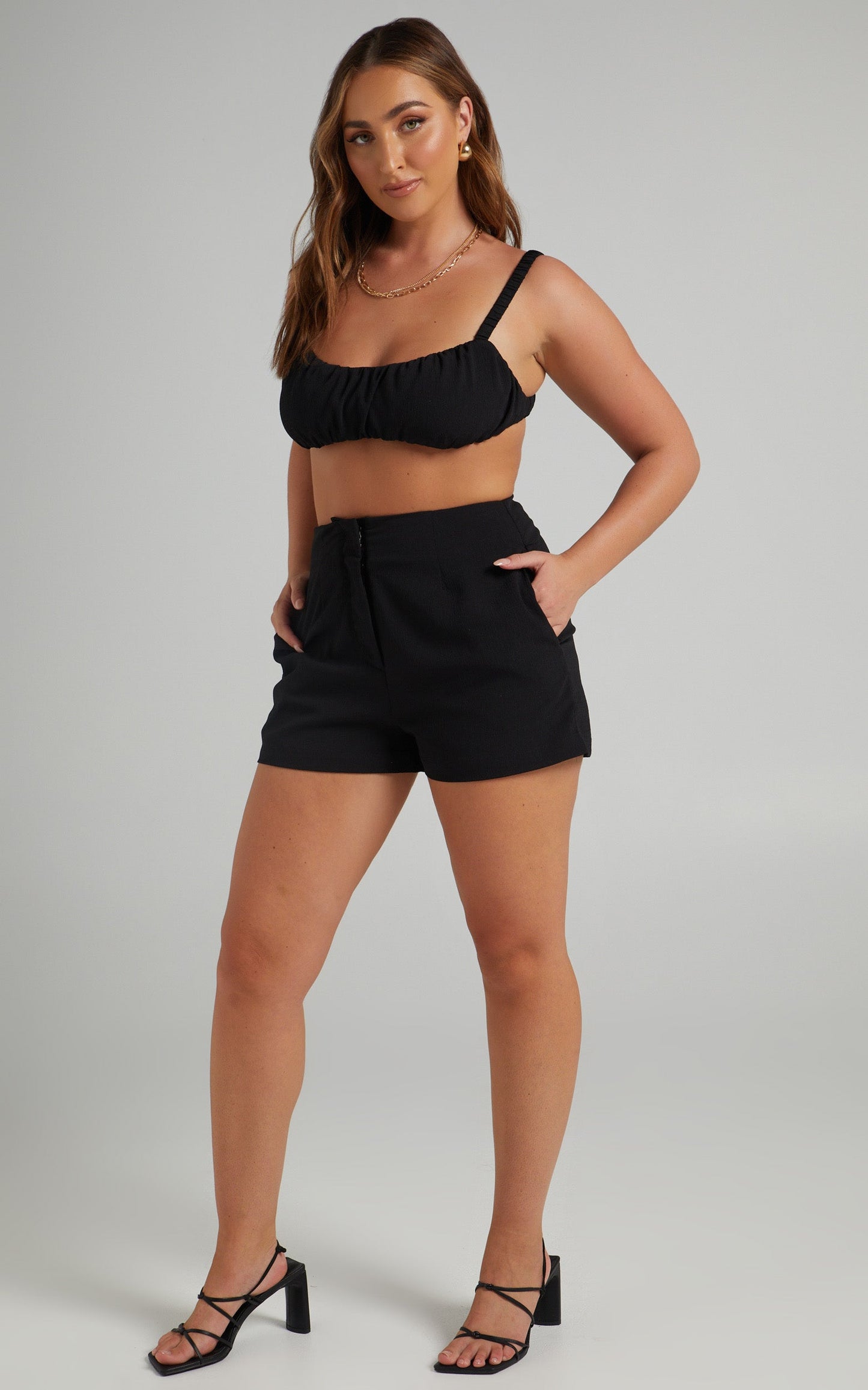 Jacynthia Ruched Crop Top and Tailored Short Set in Black