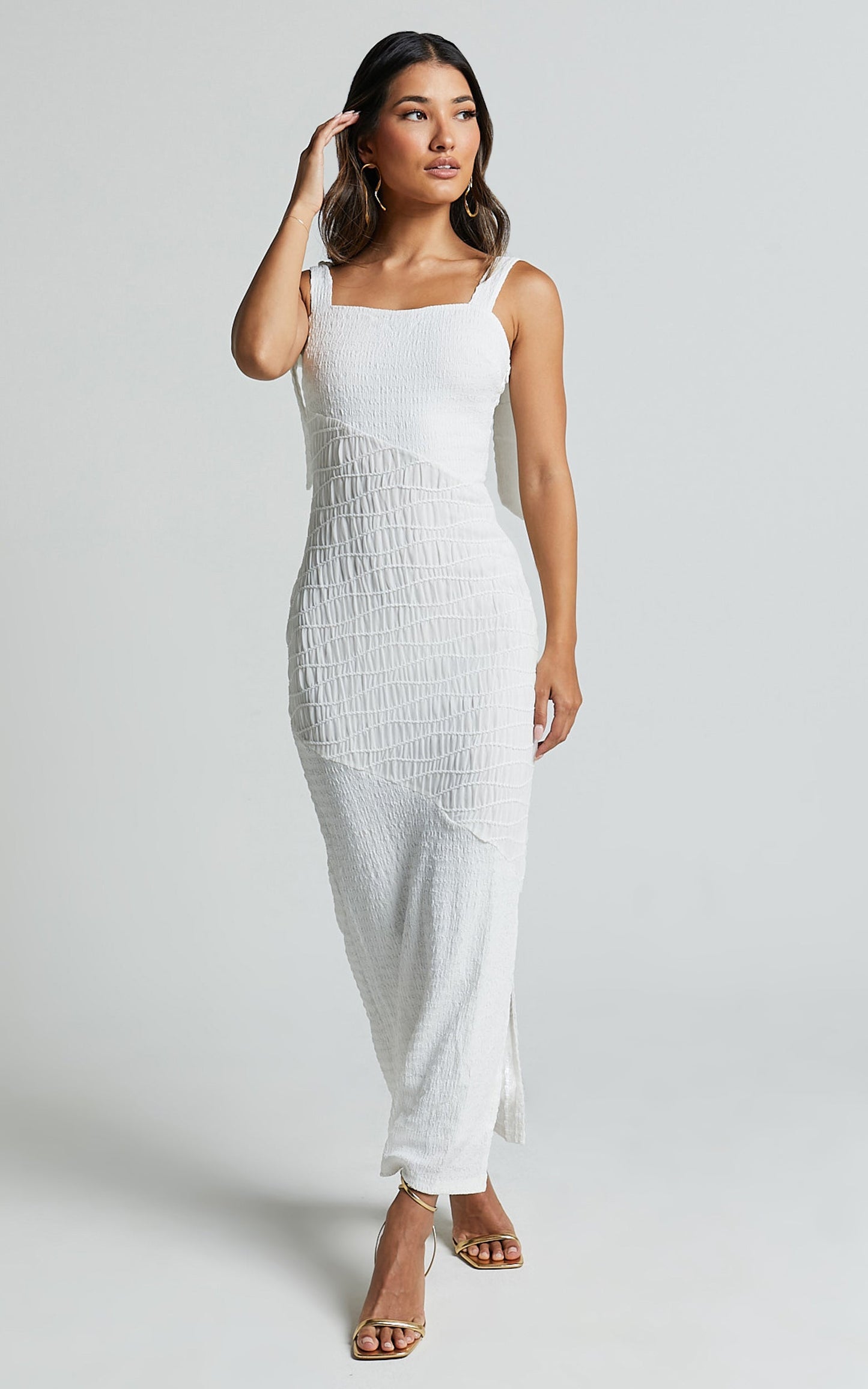 Fabia Maxi Dress - Shirred Panel Detail Dress with Bow Strap Detail in White