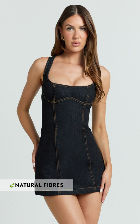 Fabia Mini Dress - Denim Square Neck Fitted Dress in Dark Wash