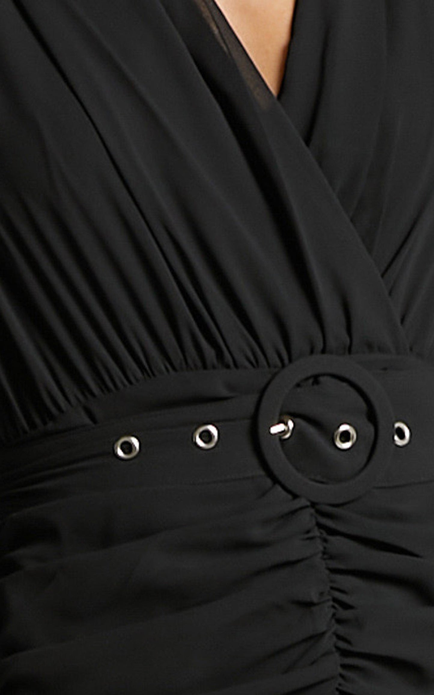 Amias Mini Dress - Ruched Belted Long Sleeve Dress in Black