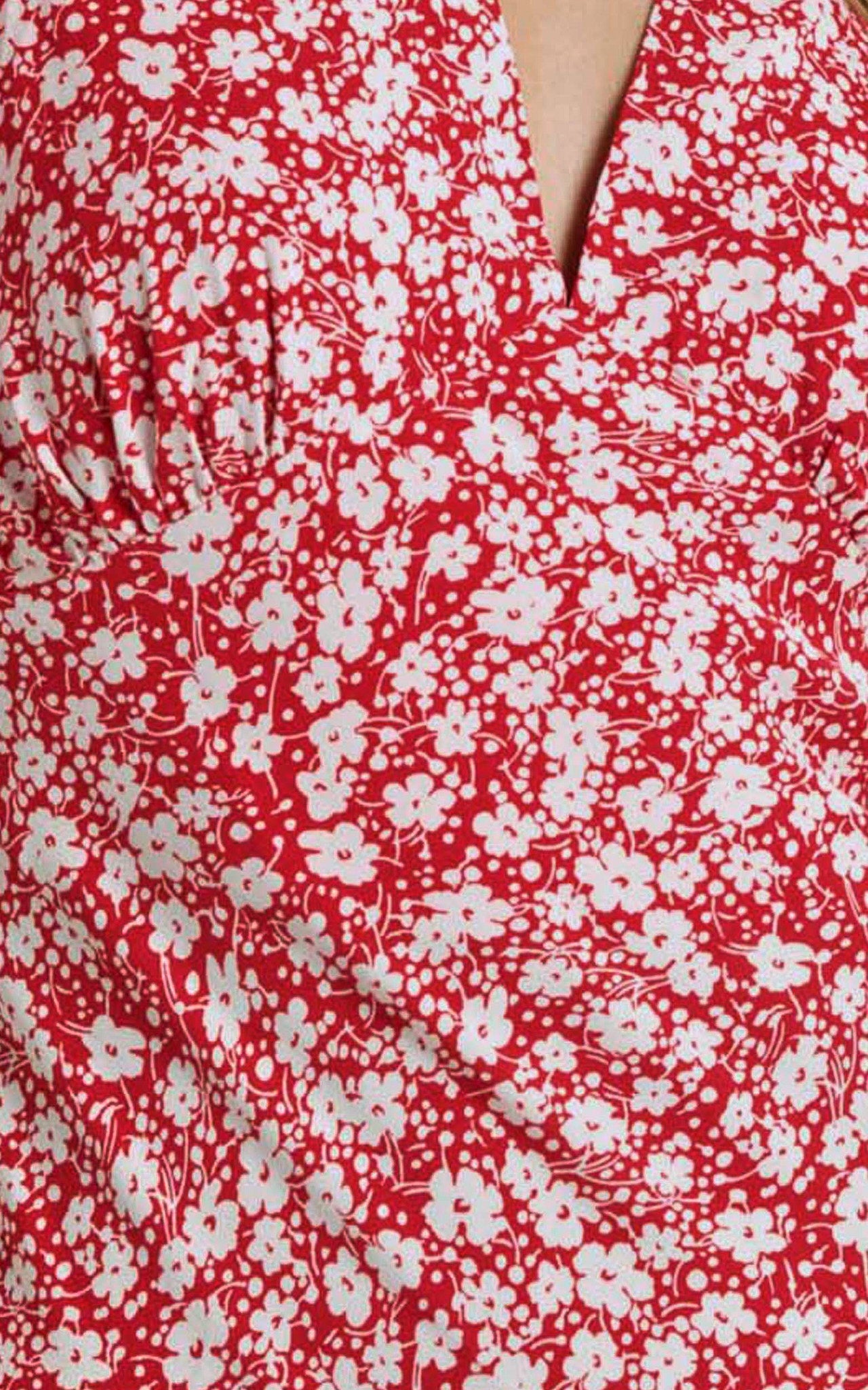 Rosalee Midi Dress - V Neck Short Flutter Sleeve Back Tie A Line in Red Floral