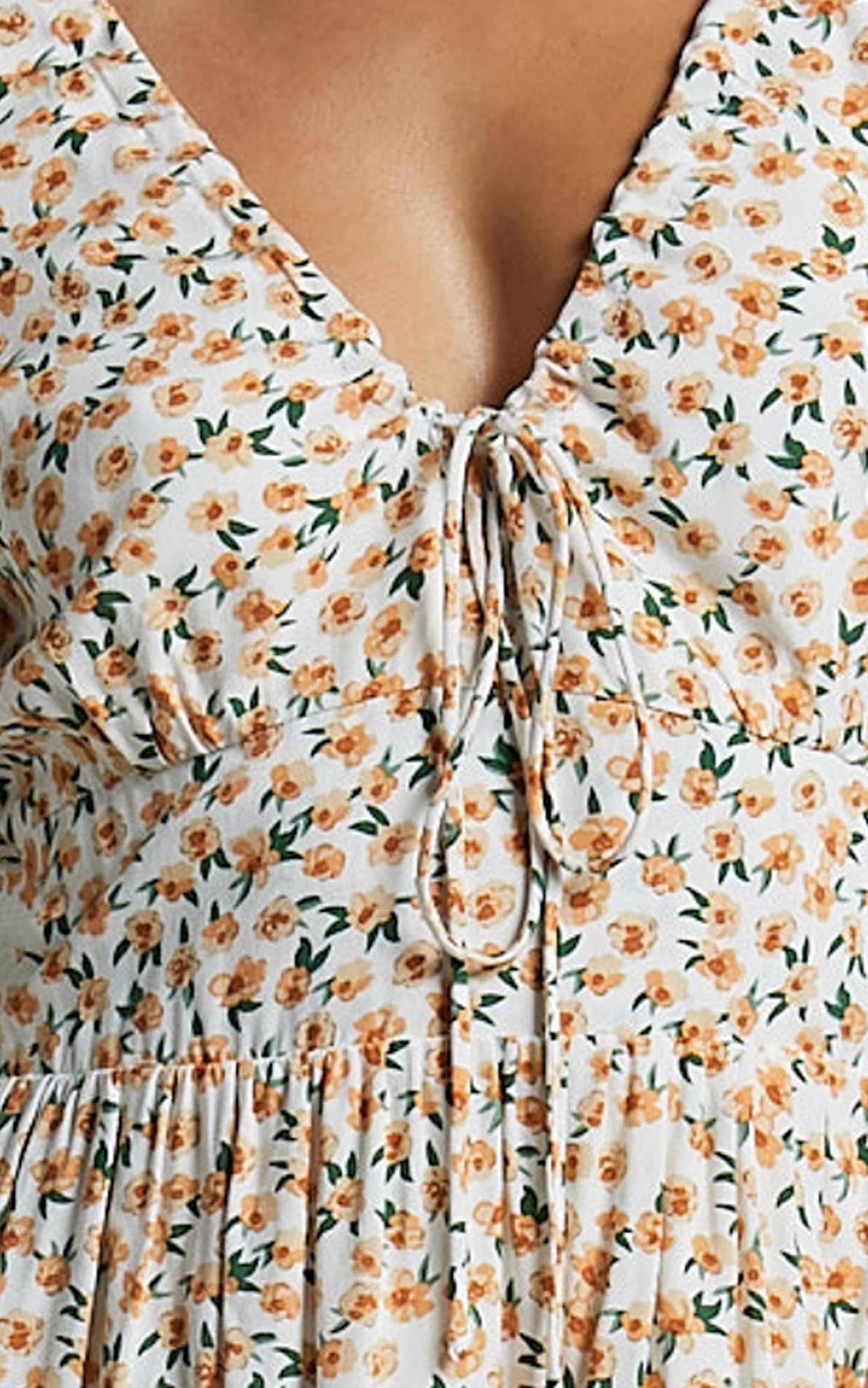 Chetana Mini Dress - Tie Front Short Sleeve Tiered Dress in White and Yellow Floral