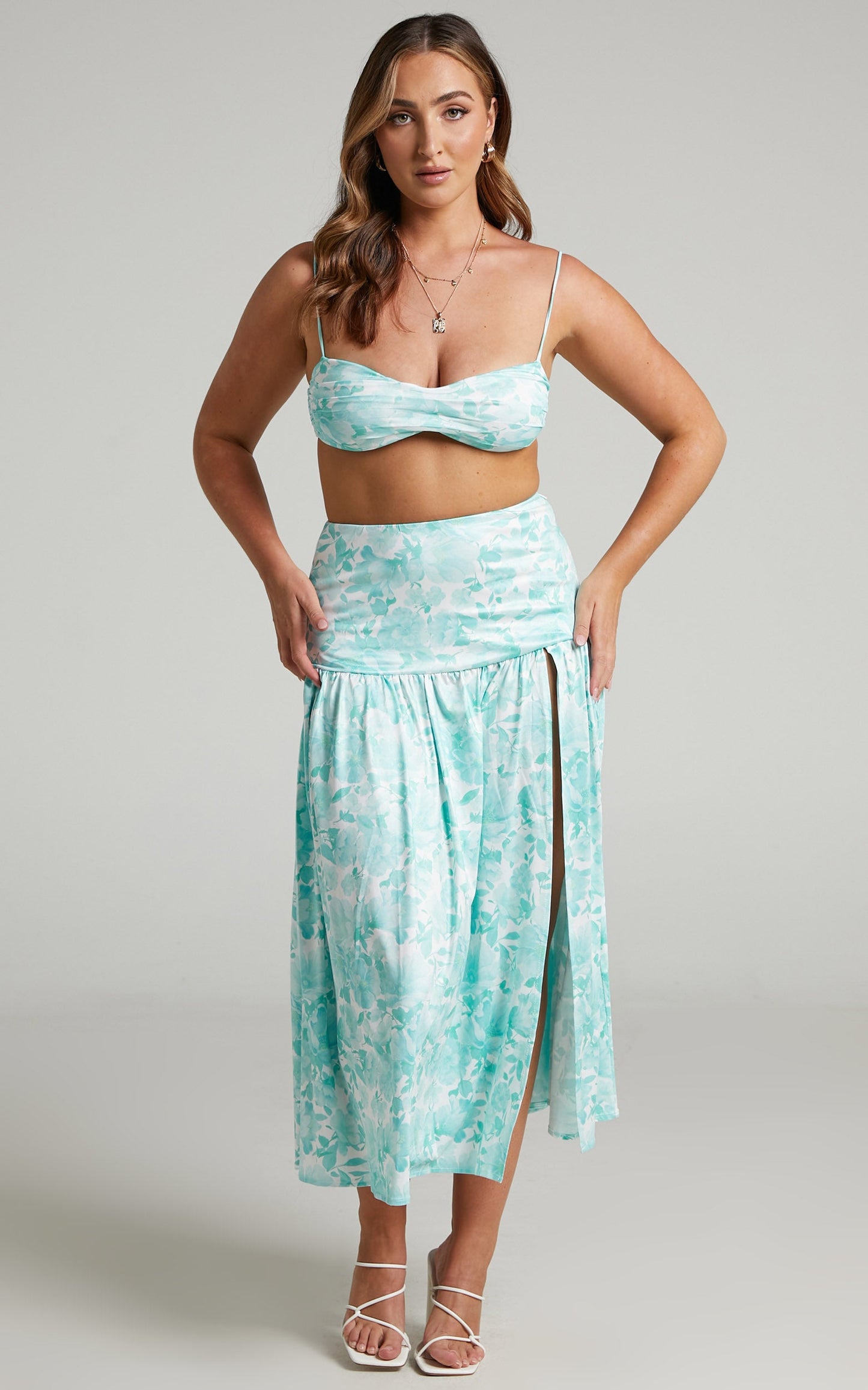 Fabrizia Micro Crop Full Skirt Two Piece Set in Aqua Floral