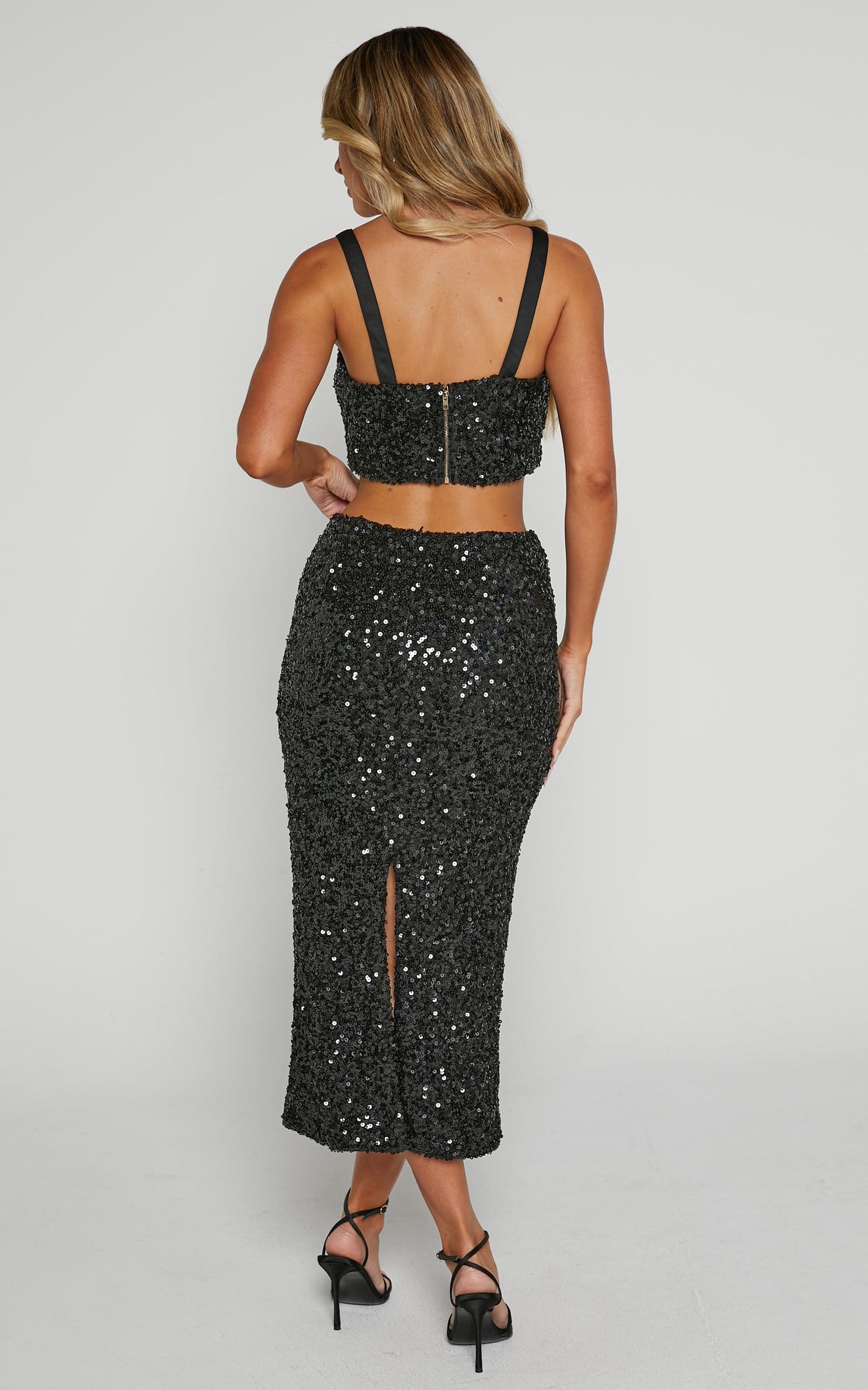 Falka Two Piece Top and Skirt Set - Strapless High Waisted Midi Skirt Sequin Two Piece Set in Black