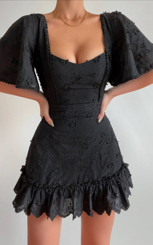 Fancy A Spritz Mini Dress - Square Neck Dress in Black Embroidery