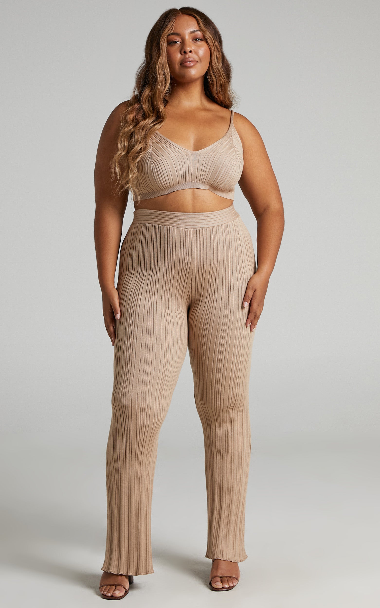 Farhana Two Piece Set - Knit Bralette Top and Bell Bottom Pants Set in Beige