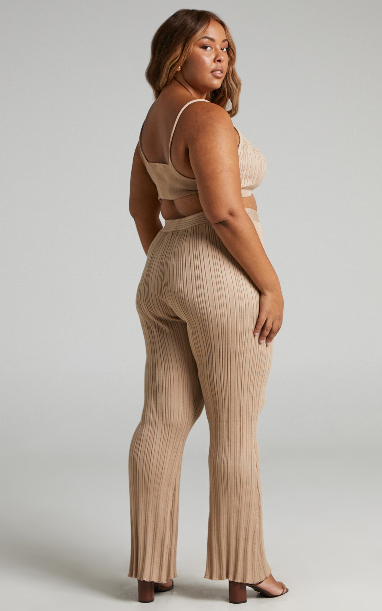 Farhana Two Piece Set - Knit Bralette Top and Bell Bottom Pants Set in Beige