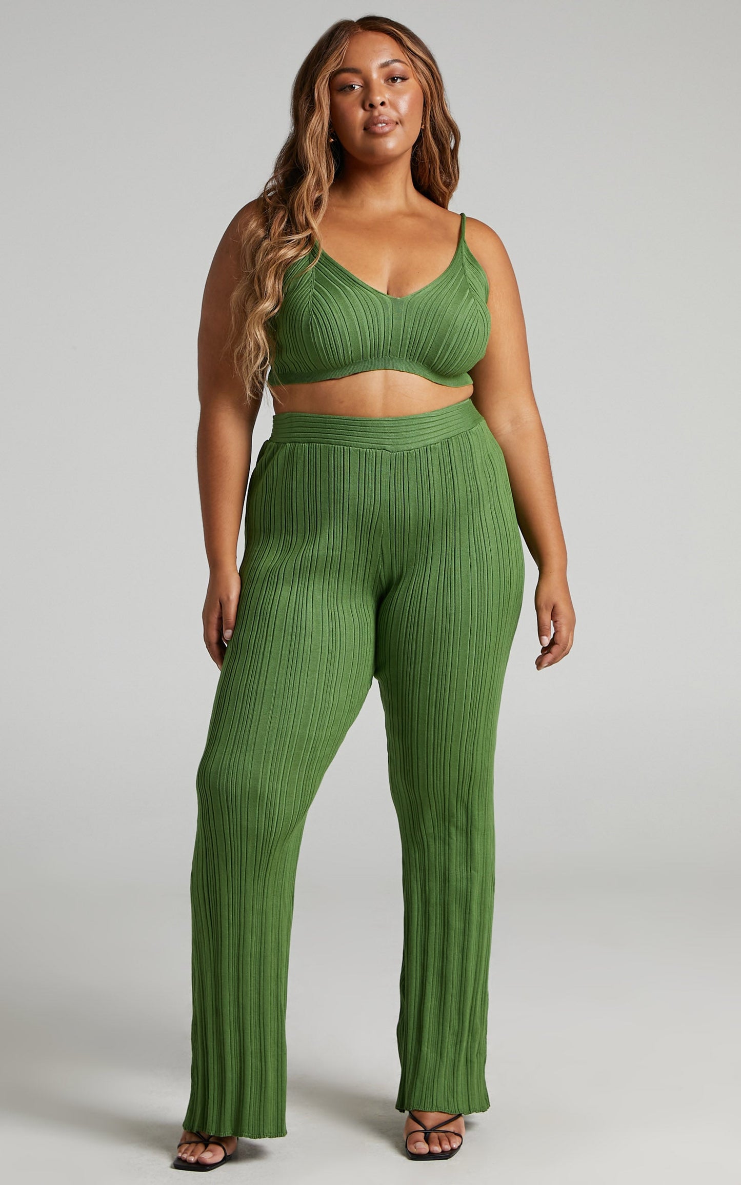 Farhana Two Piece Set - Knit Bralette Top and Bell Bottom Pants Set in Olive