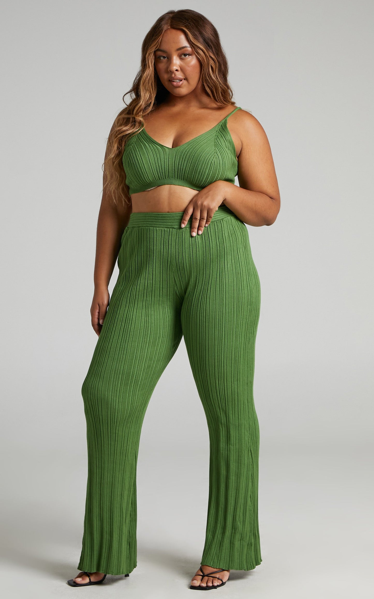 Farhana Two Piece Set - Knit Bralette Top and Bell Bottom Pants Set in Olive