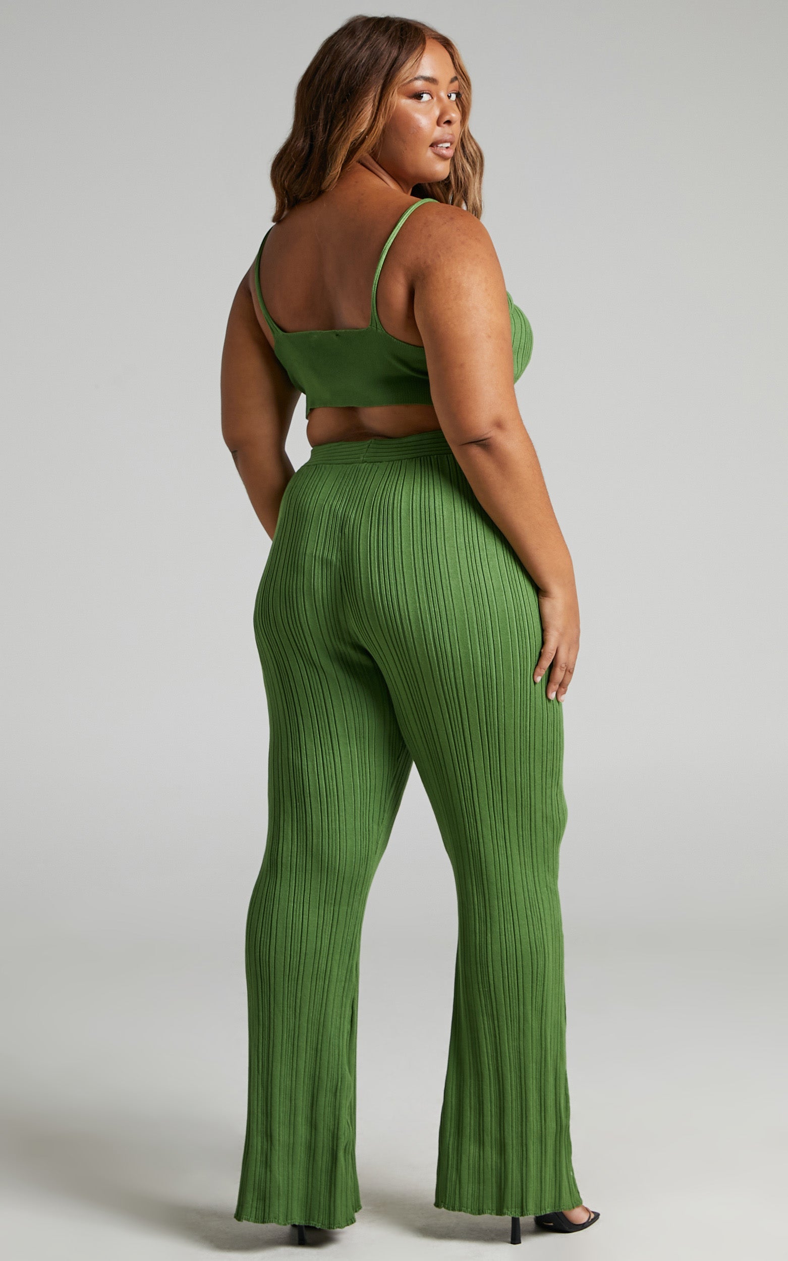 Farhana Two Piece Set - Knit Bralette Top and Bell Bottom Pants Set in Olive