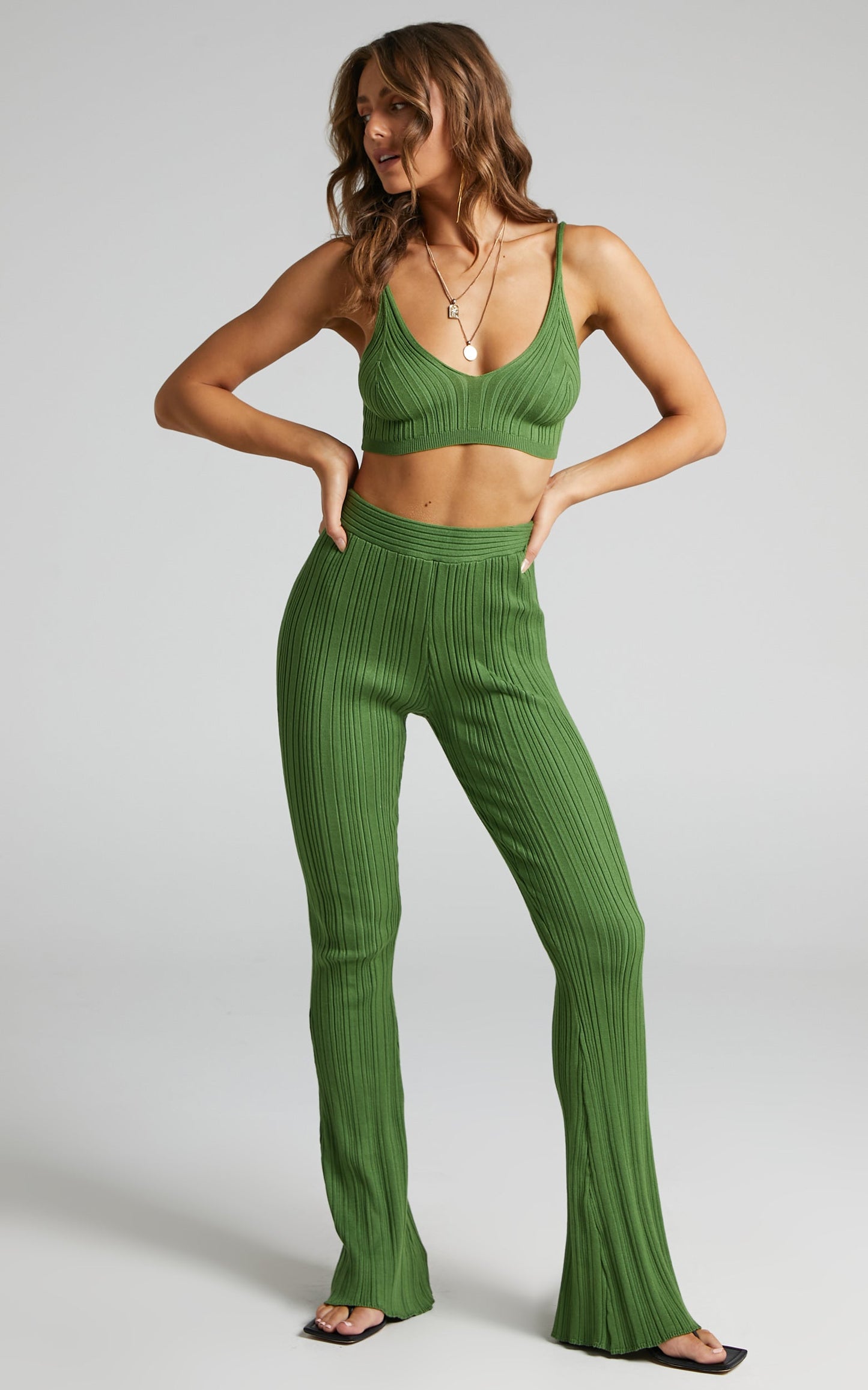 Farhana Two Piece Set - Knit Bralette Top and Bell Bottom Pants Set in Olive