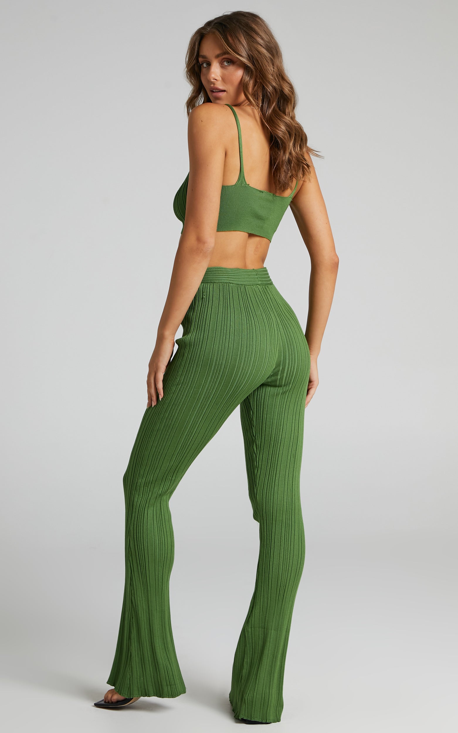 Farhana Two Piece Set - Knit Bralette Top and Bell Bottom Pants Set in Olive