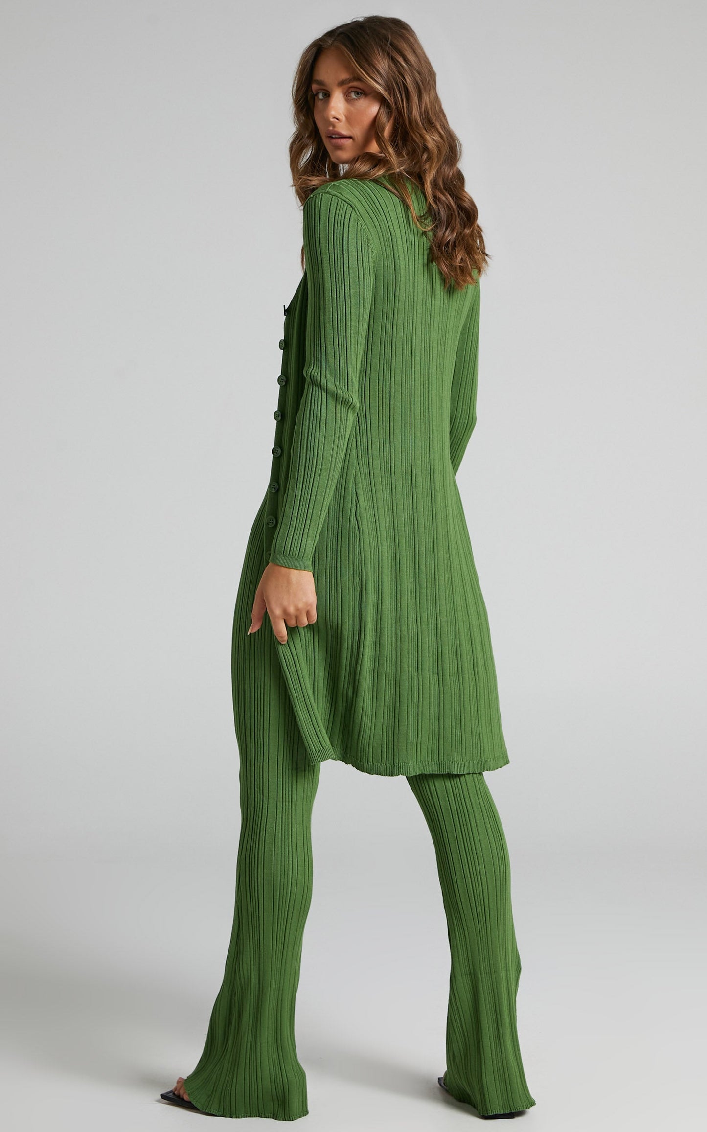 Farhana Cardigan - Rib Knitted Longline Cardigan in Olive