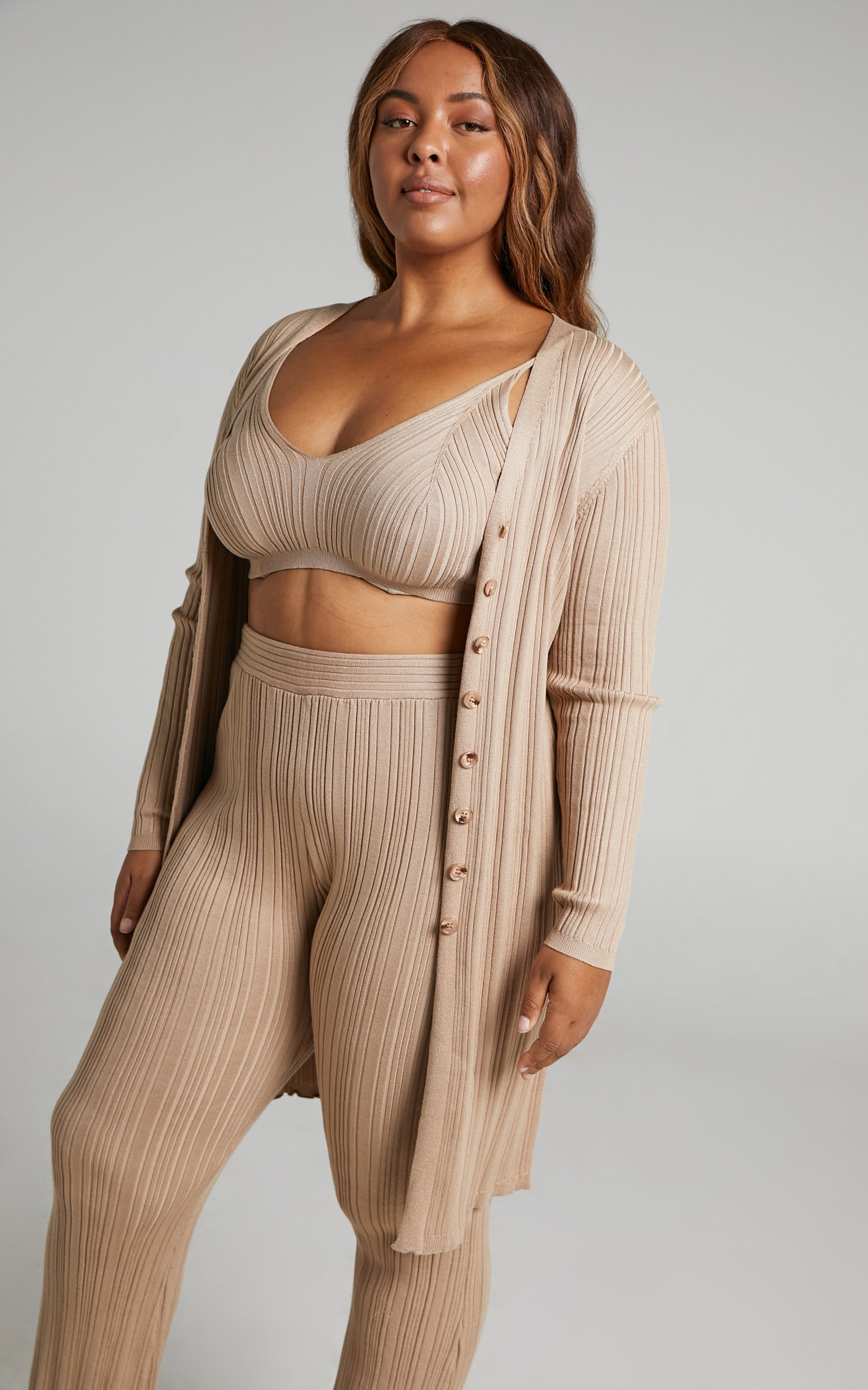 Farhana Cardigan - Rib Knitted Longline Cardigan in Beige